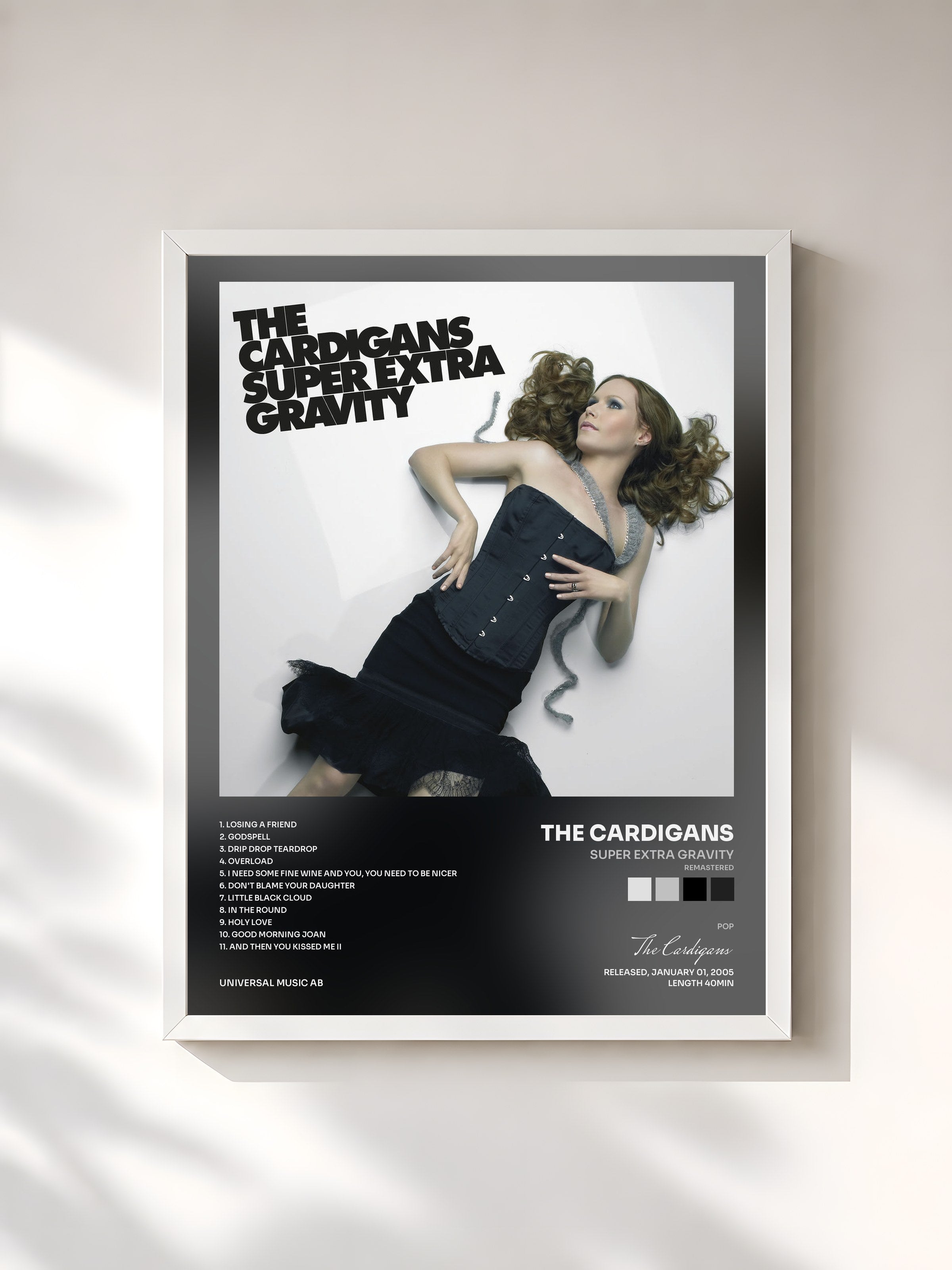 #blanc Tableau de l'album Super Extra Gravity (Remastered) de The Cardigans, cadre blanc, imprimé et encadré en France