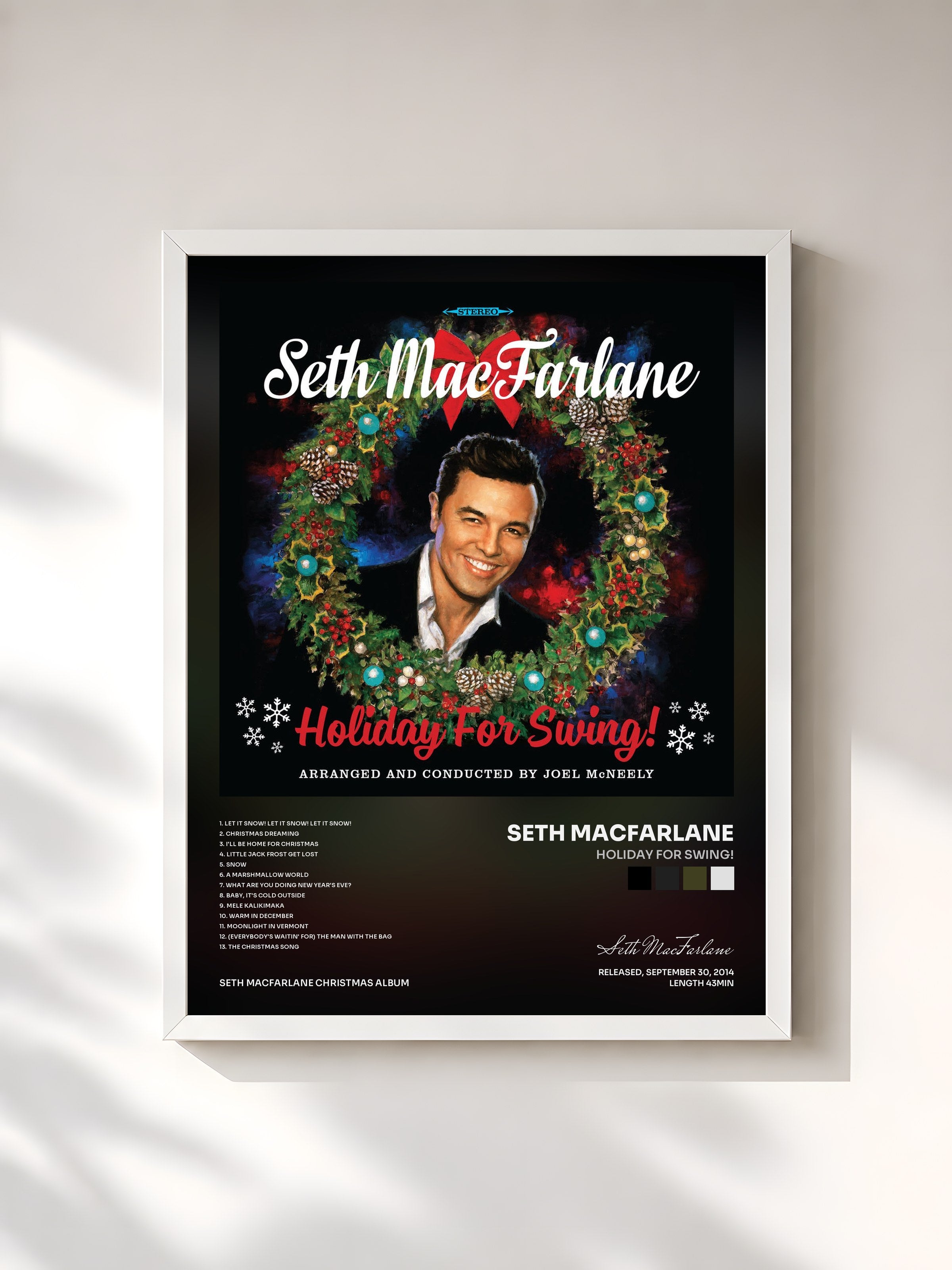 #blanc Tableau de l'album Holiday For Swing! de Seth MacFarlane, cadre blanc, imprimé et encadré en France