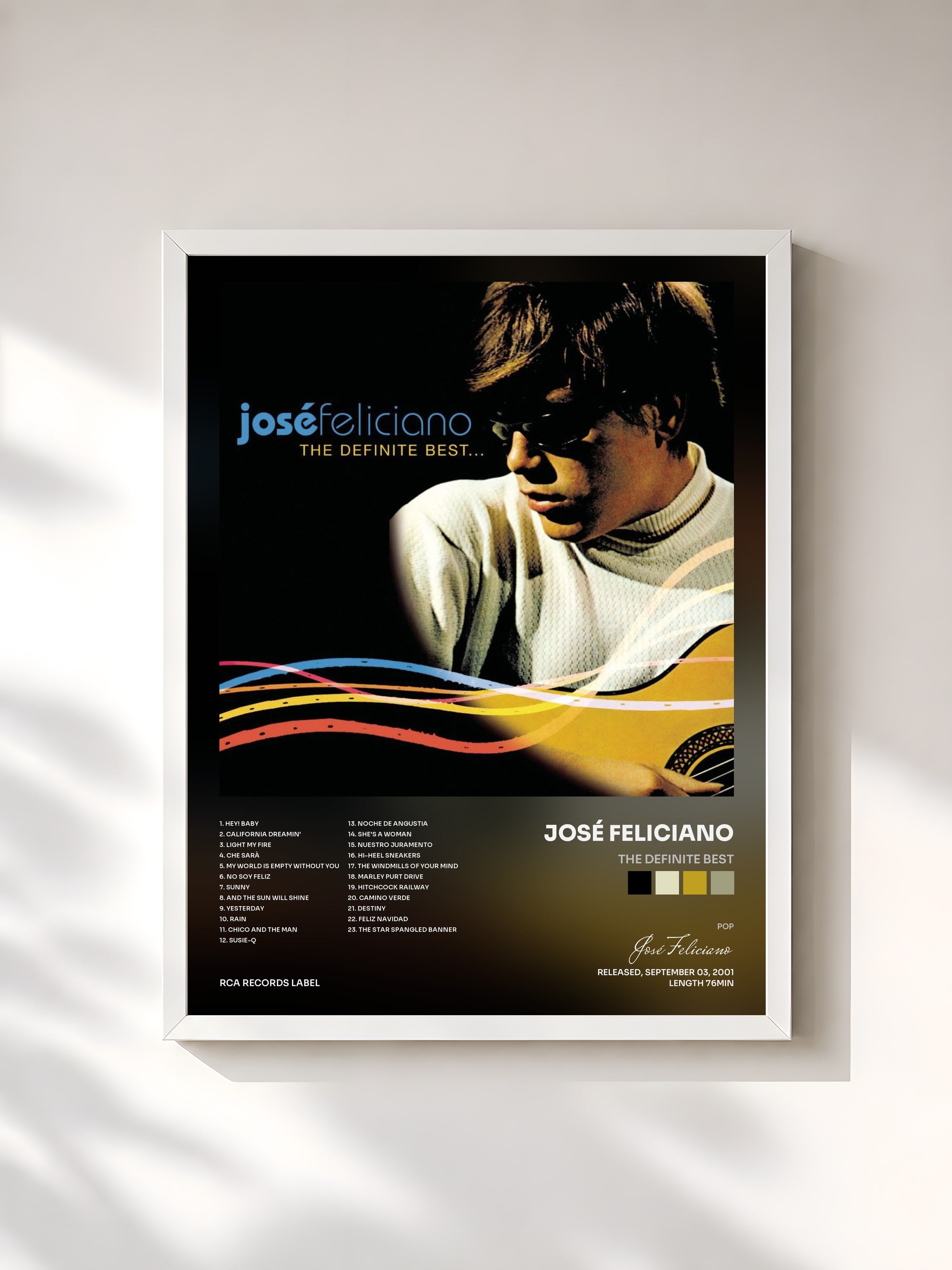 #blanc Tableau de l'album The Definite Best de José Feliciano, cadre blanc, imprimé et encadré en France