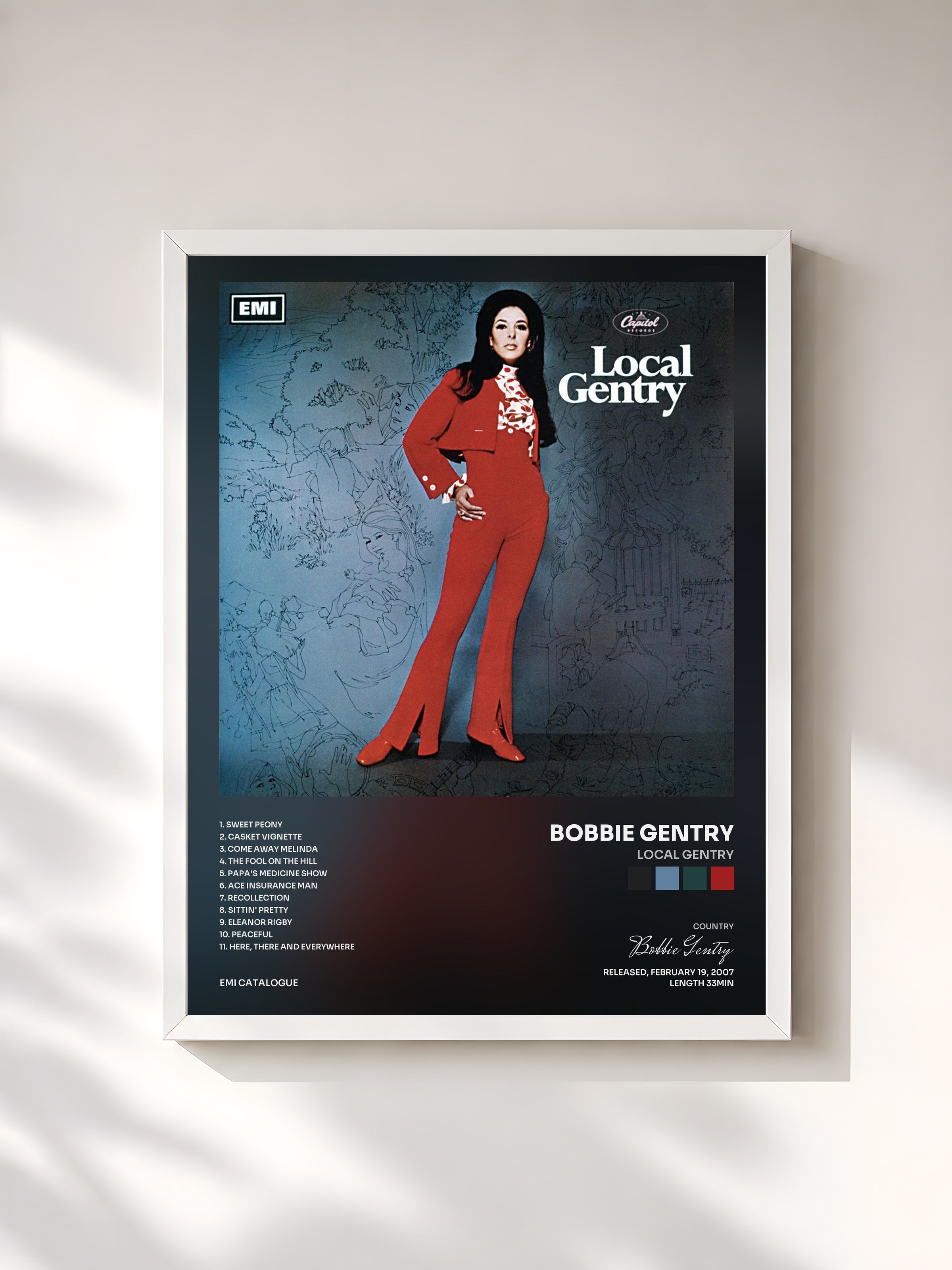 #blanc Tableau de l'album Local Gentry de Bobbie Gentry, cadre blanc, imprimé et encadré en France