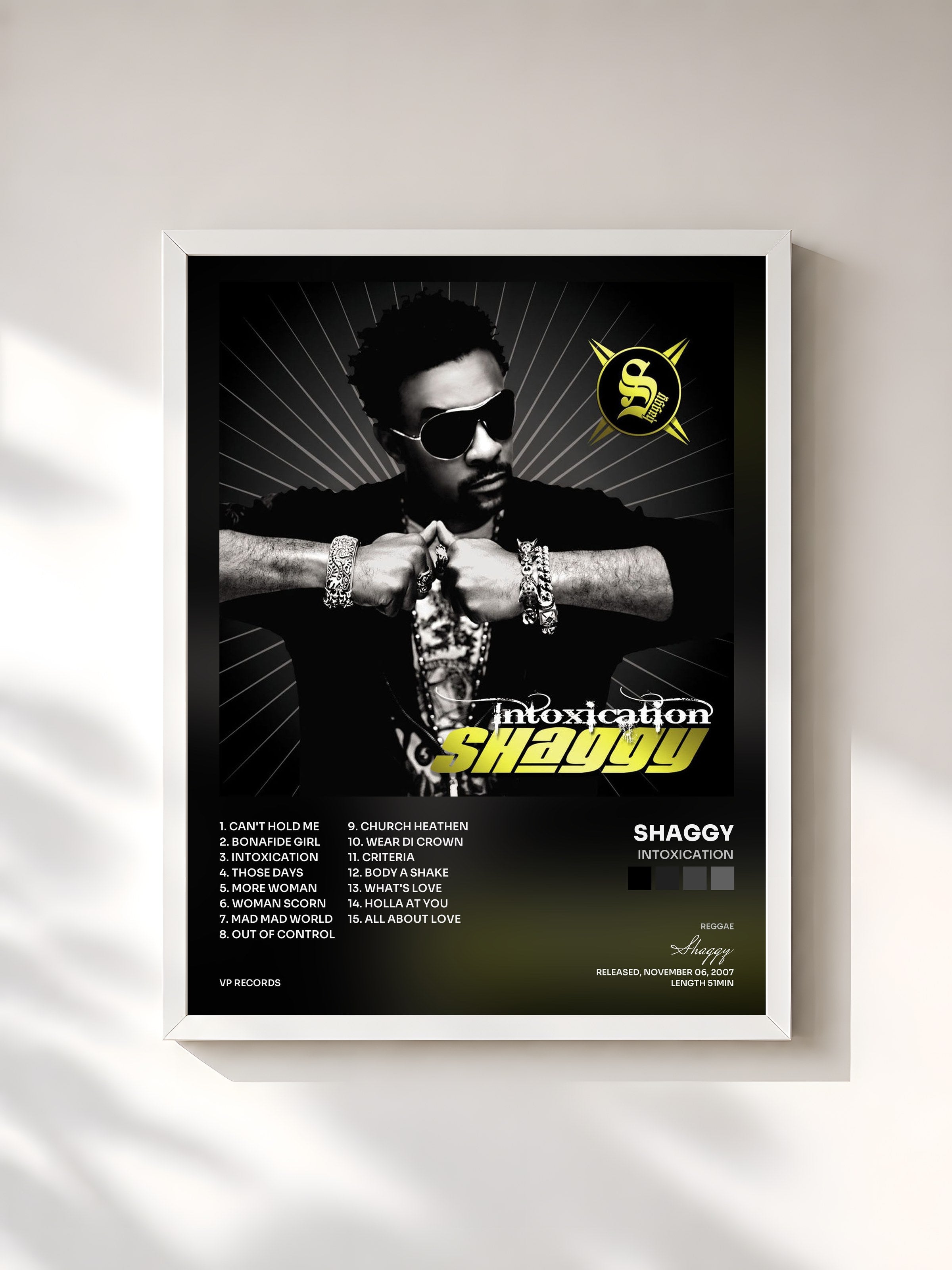 #blanc Tableau de l'album Intoxication de Shaggy, cadre blanc, imprimé et encadré en France
