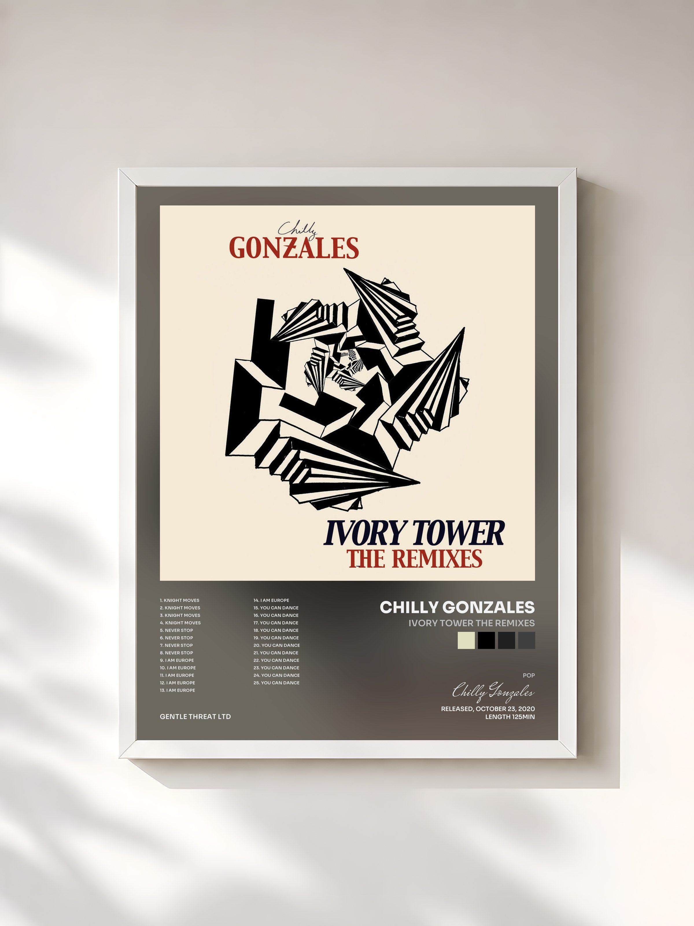#blanc Tableau de l'album Ivory Tower The Remixes de Chilly Gonzales, cadre blanc, imprimé et encadré en France
