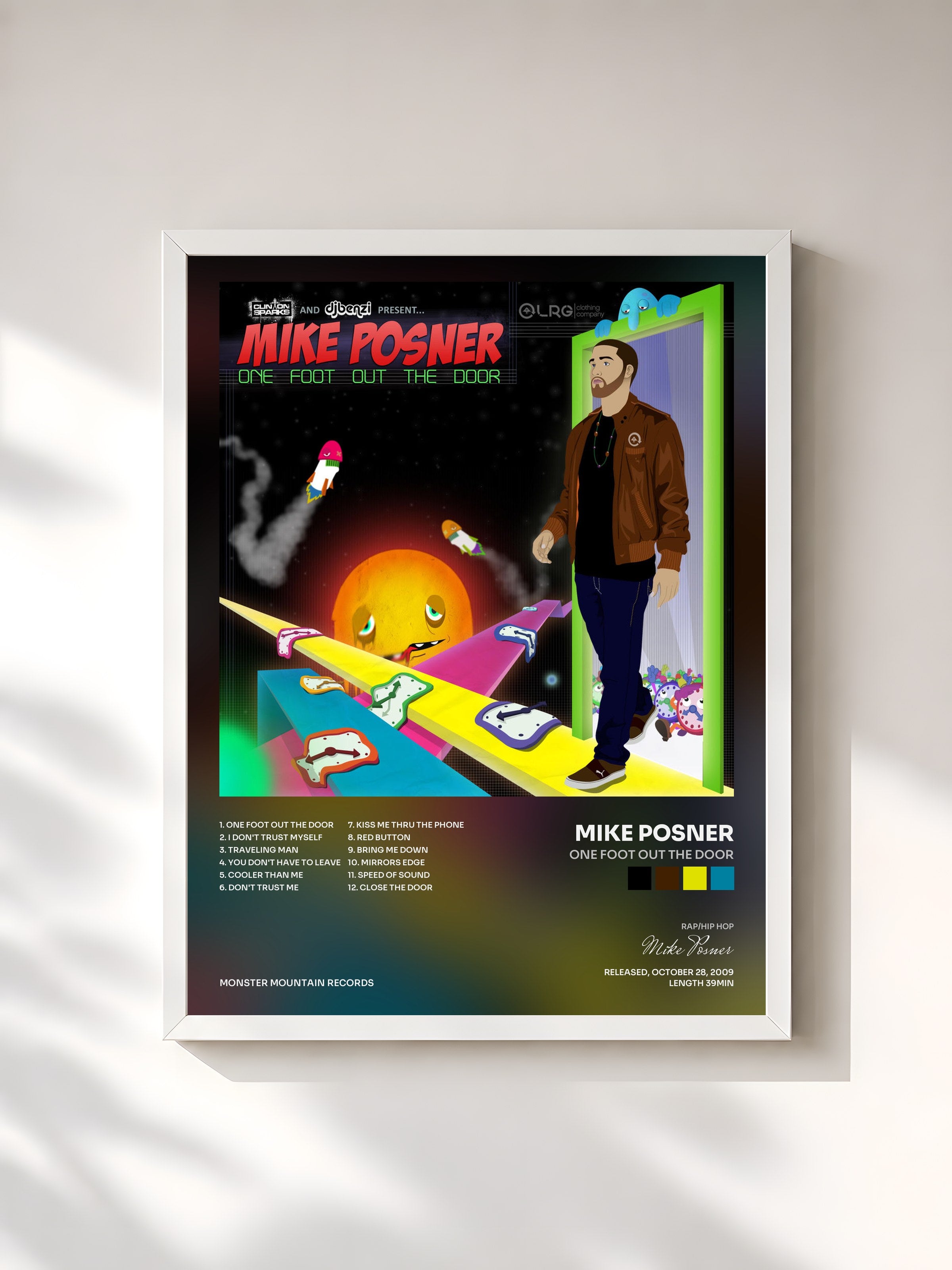 #blanc Tableau de l'album One Foot Out The Door de Mike Posner, cadre blanc, imprimé et encadré en France