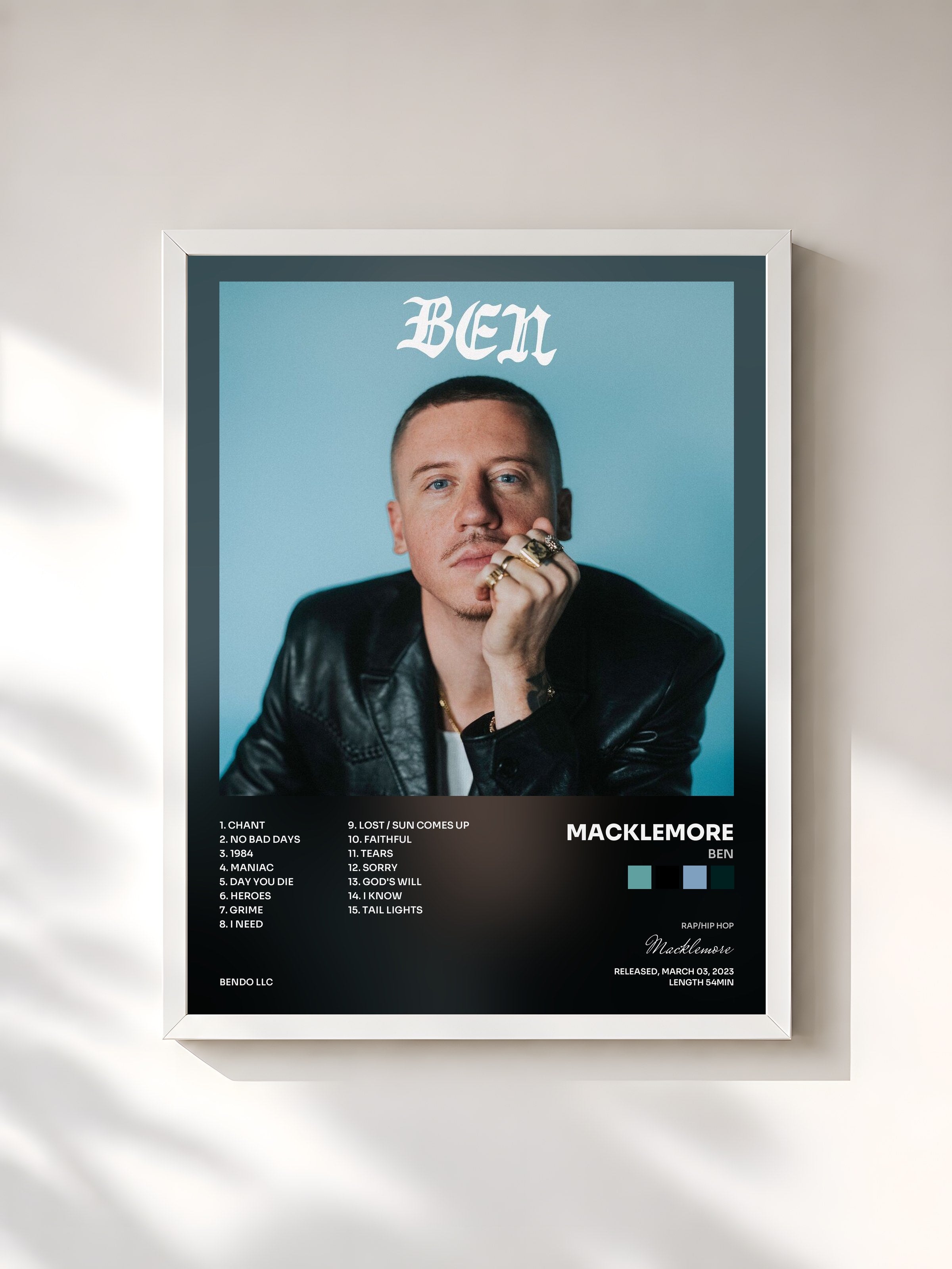 #blanc Tableau de l'album BEN de Macklemore, cadre blanc, imprimé et encadré en France