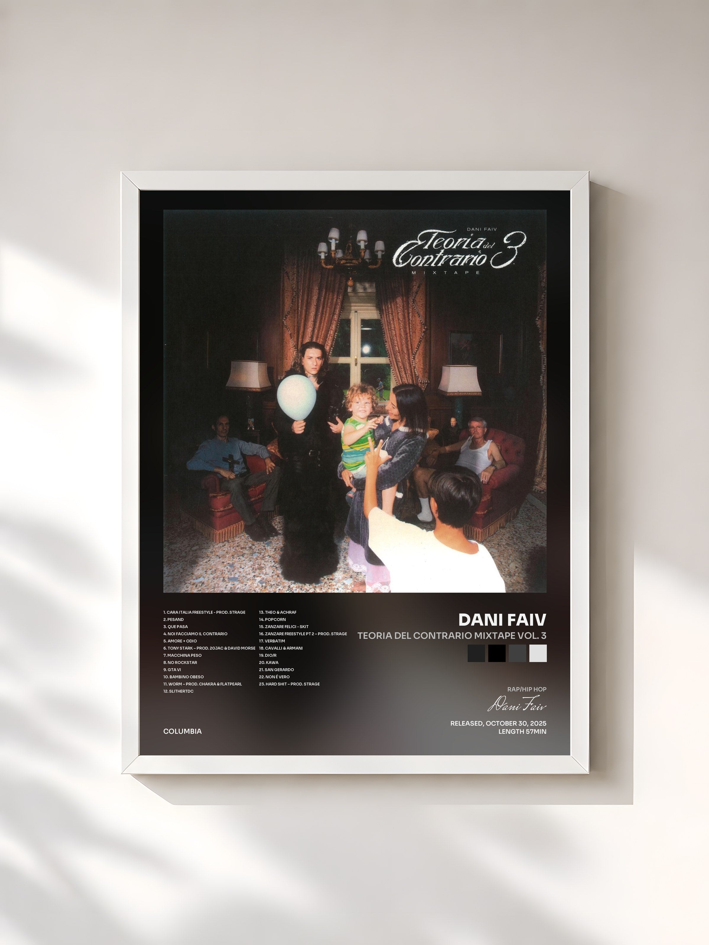 #blanc Tableau de l'album Teoria Del Contrario Mixtape Vol. 3 de Dani Faiv, cadre blanc, imprimé et encadré en France
