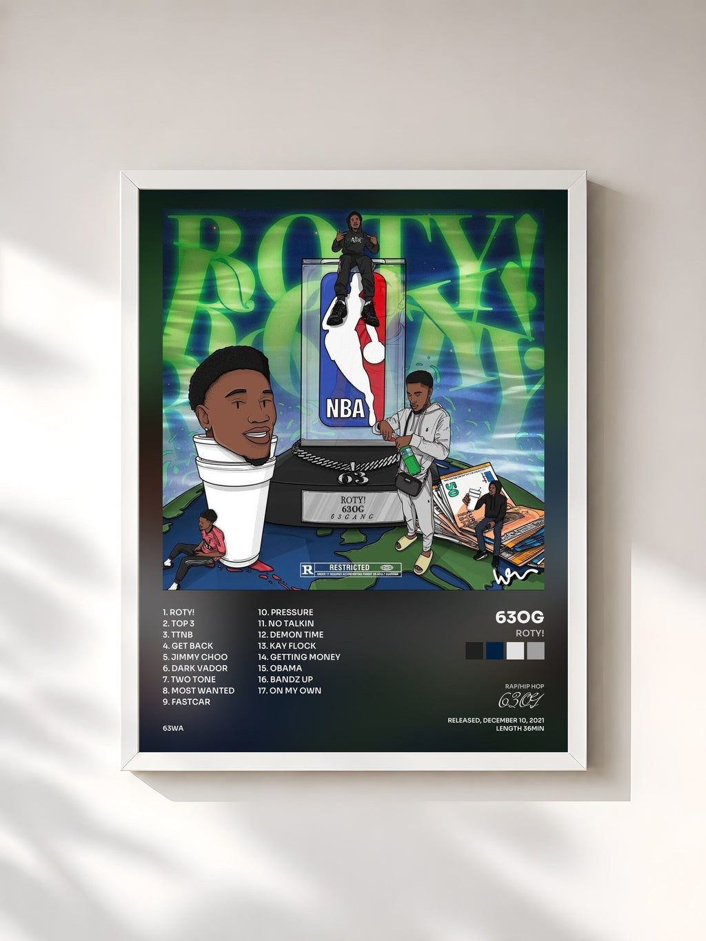 #blanc Tableau de l'album ROTY! de 63OG, cadre blanc, imprimé et encadré en France
