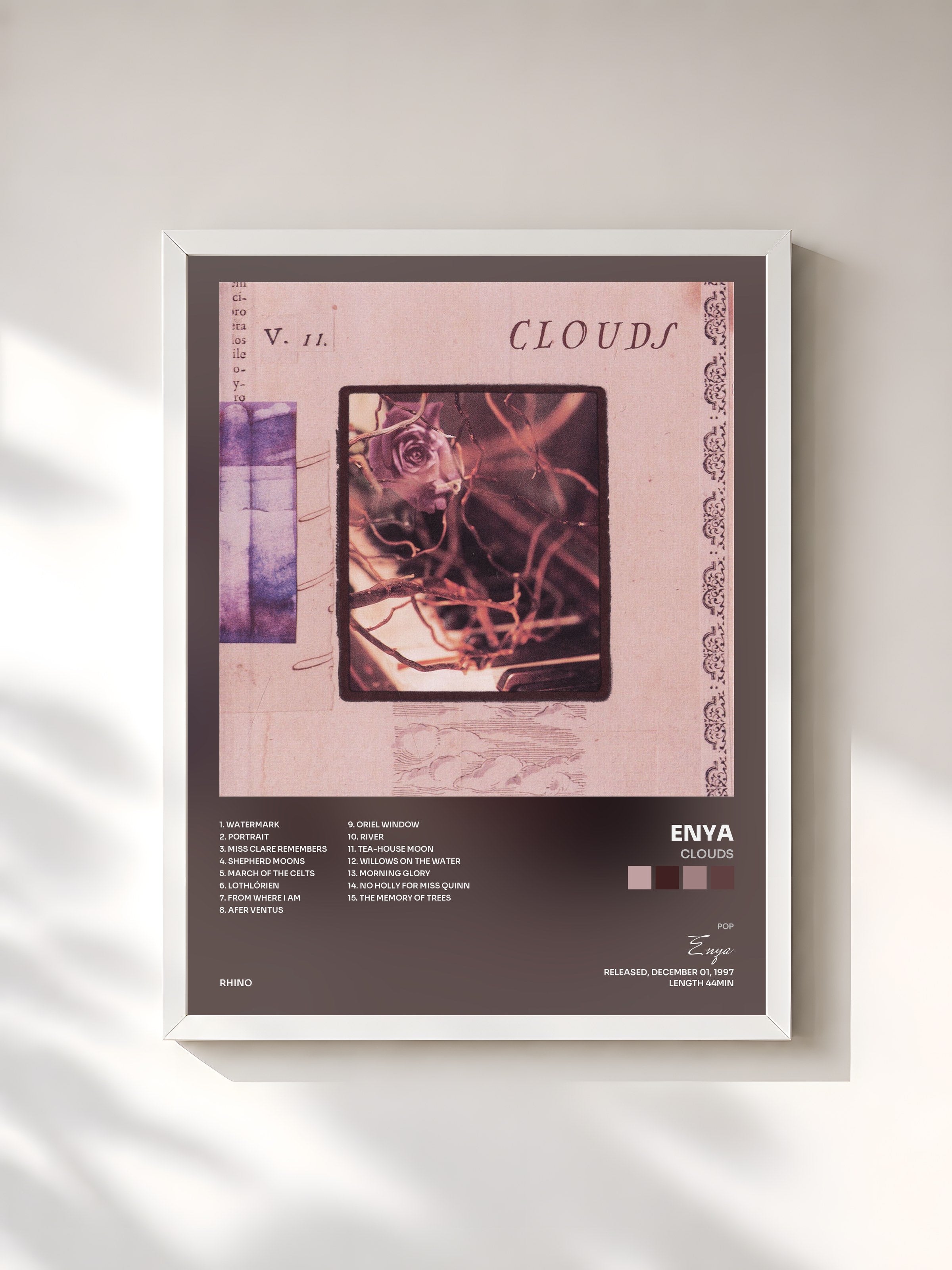 #blanc Tableau de l'album Clouds de Enya, cadre blanc, imprimé et encadré en France