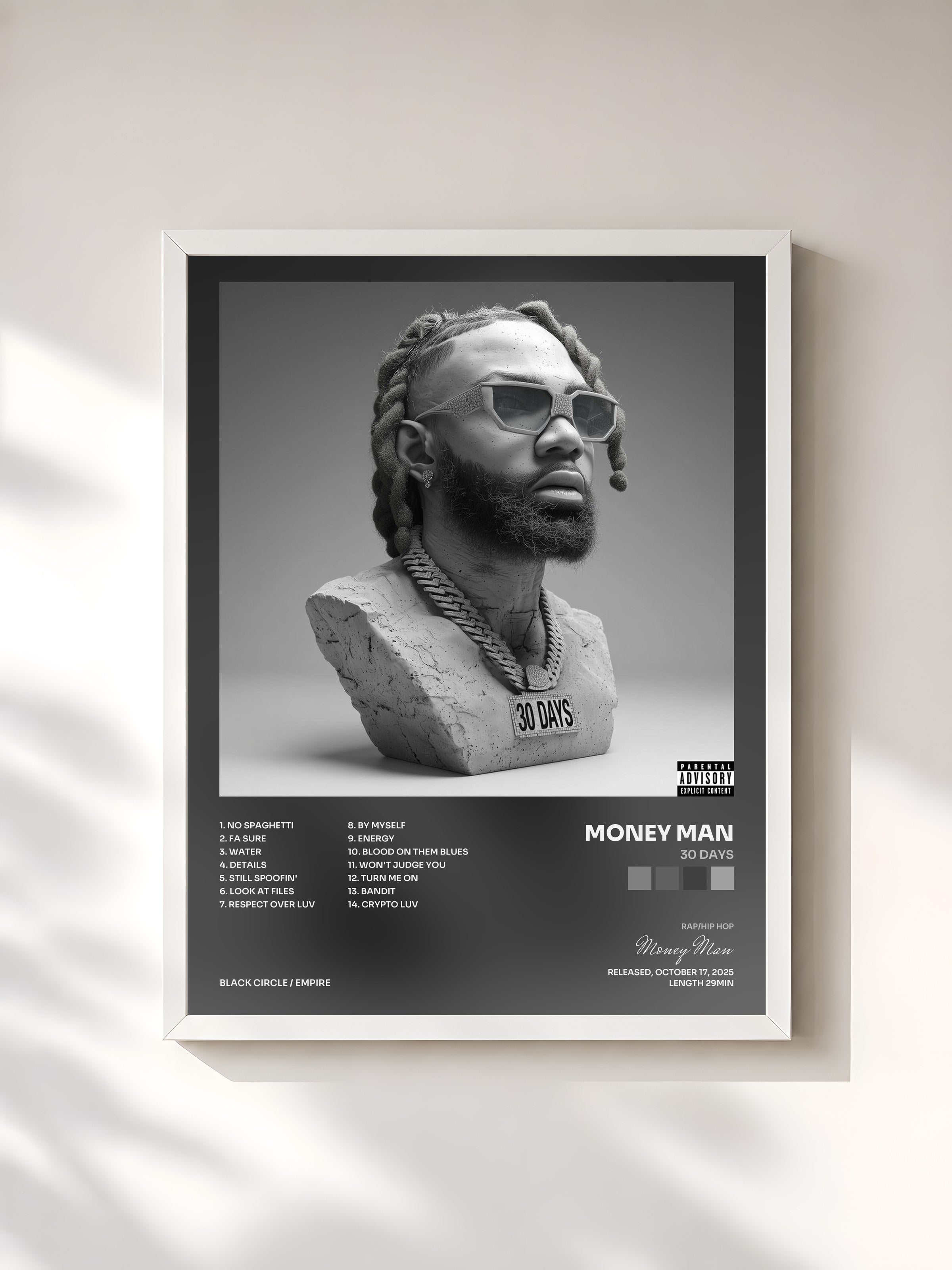 #blanc Tableau de l'album 30 Days de Money Man, cadre blanc, imprimé et encadré en France
