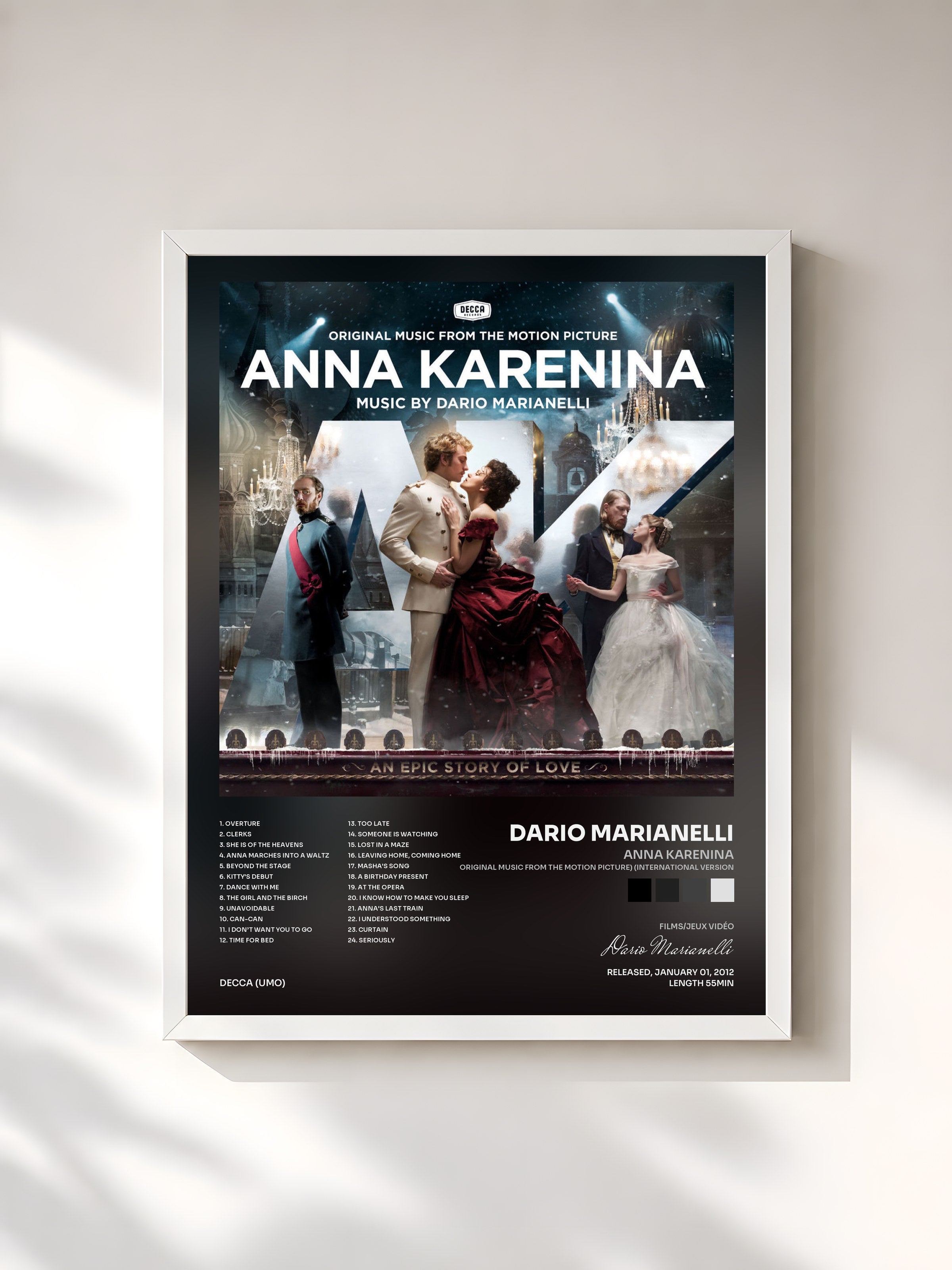 #blanc Tableau de l'album Anna Karenina (Original Music From The Motion Picture) (International Version) de Dario Marianelli, cadre blanc, imprimé et encadré en France