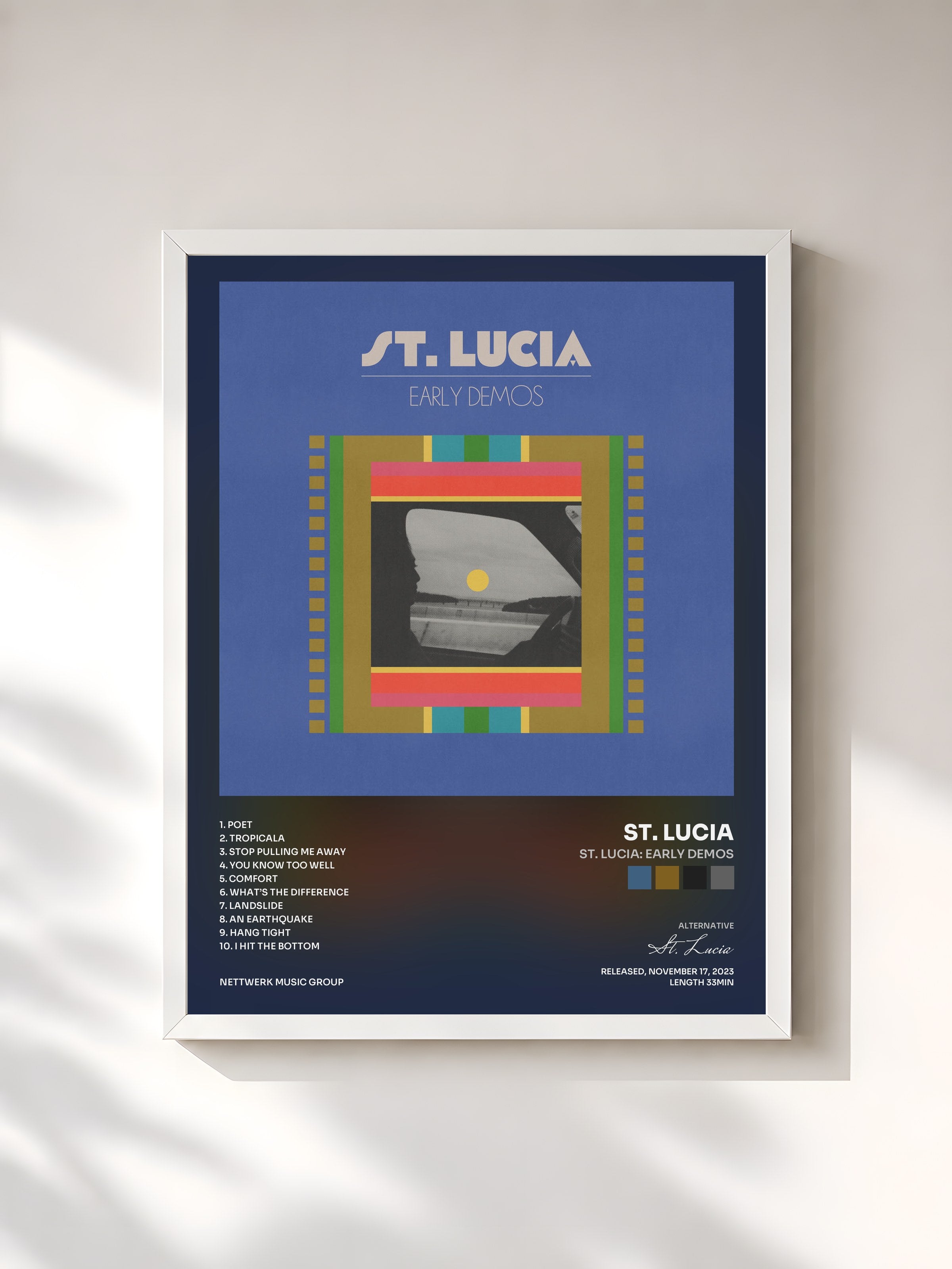 #blanc Tableau de l'album St. Lucia: Early Demos de St. Lucia, cadre blanc, imprimé et encadré en France