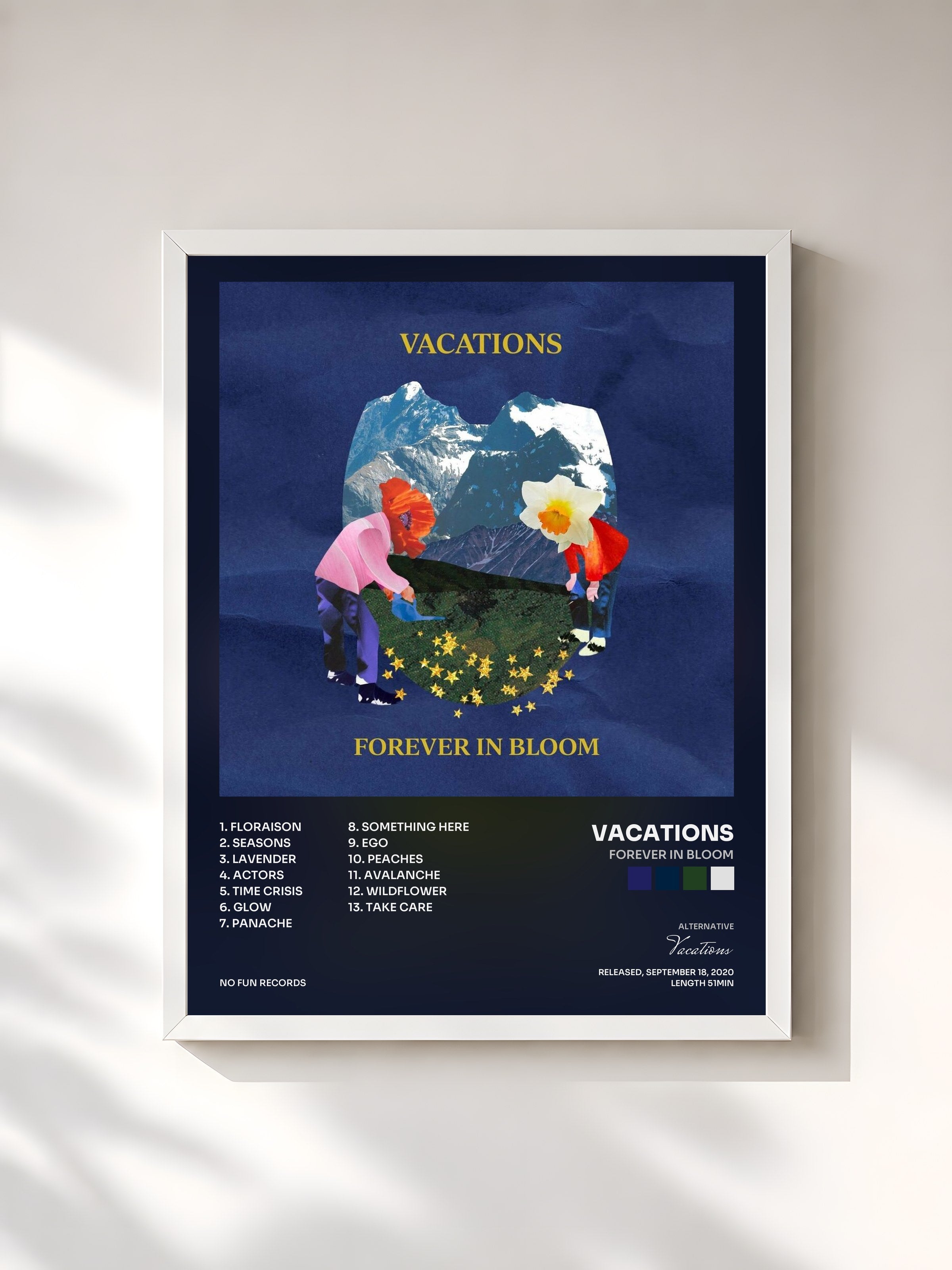 #blanc Tableau de l'album Forever in Bloom de Vacations, cadre blanc, imprimé et encadré en France