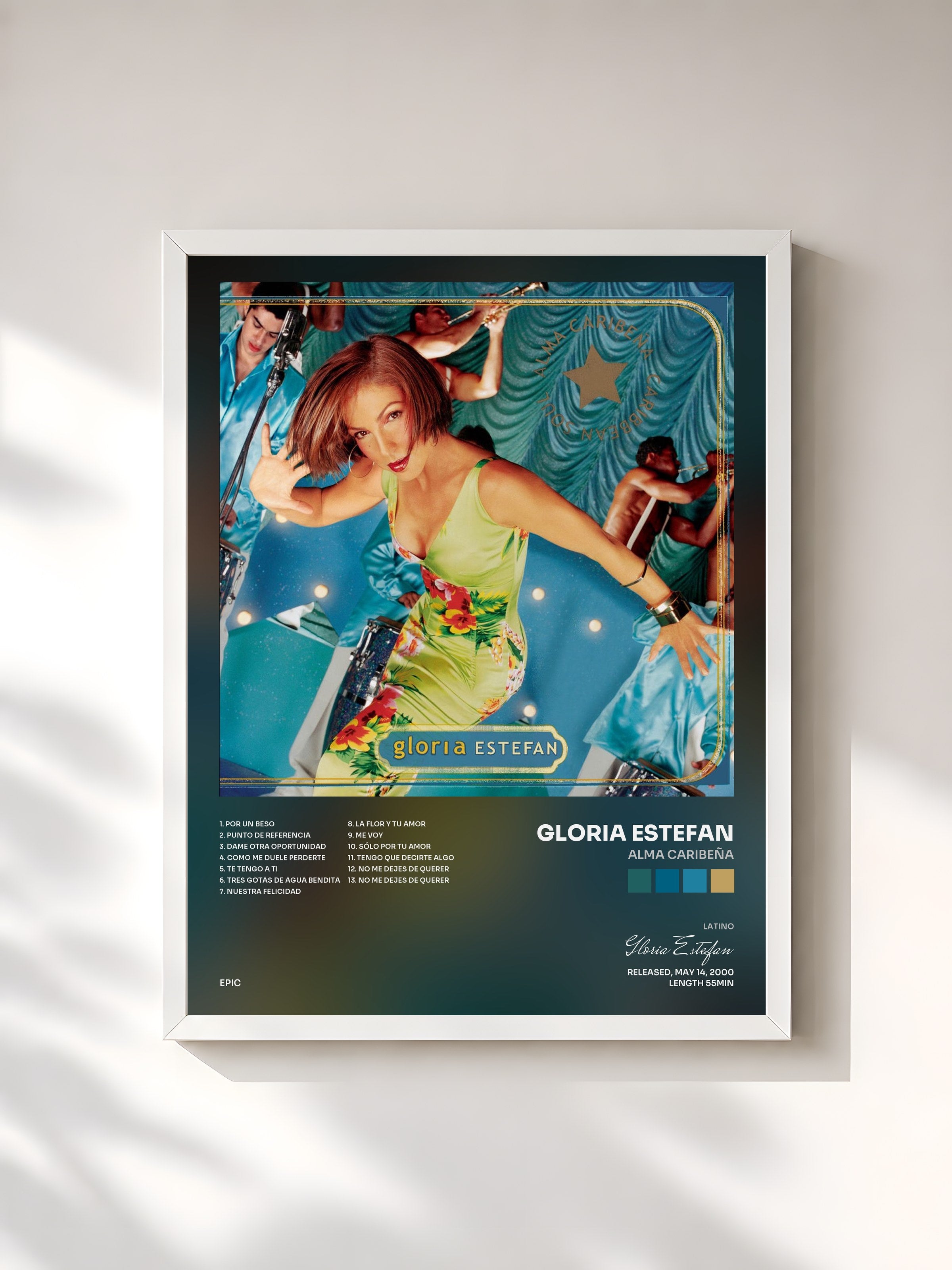 #blanc Tableau de l'album Alma Caribeña de Gloria Estefan, cadre blanc, imprimé et encadré en France