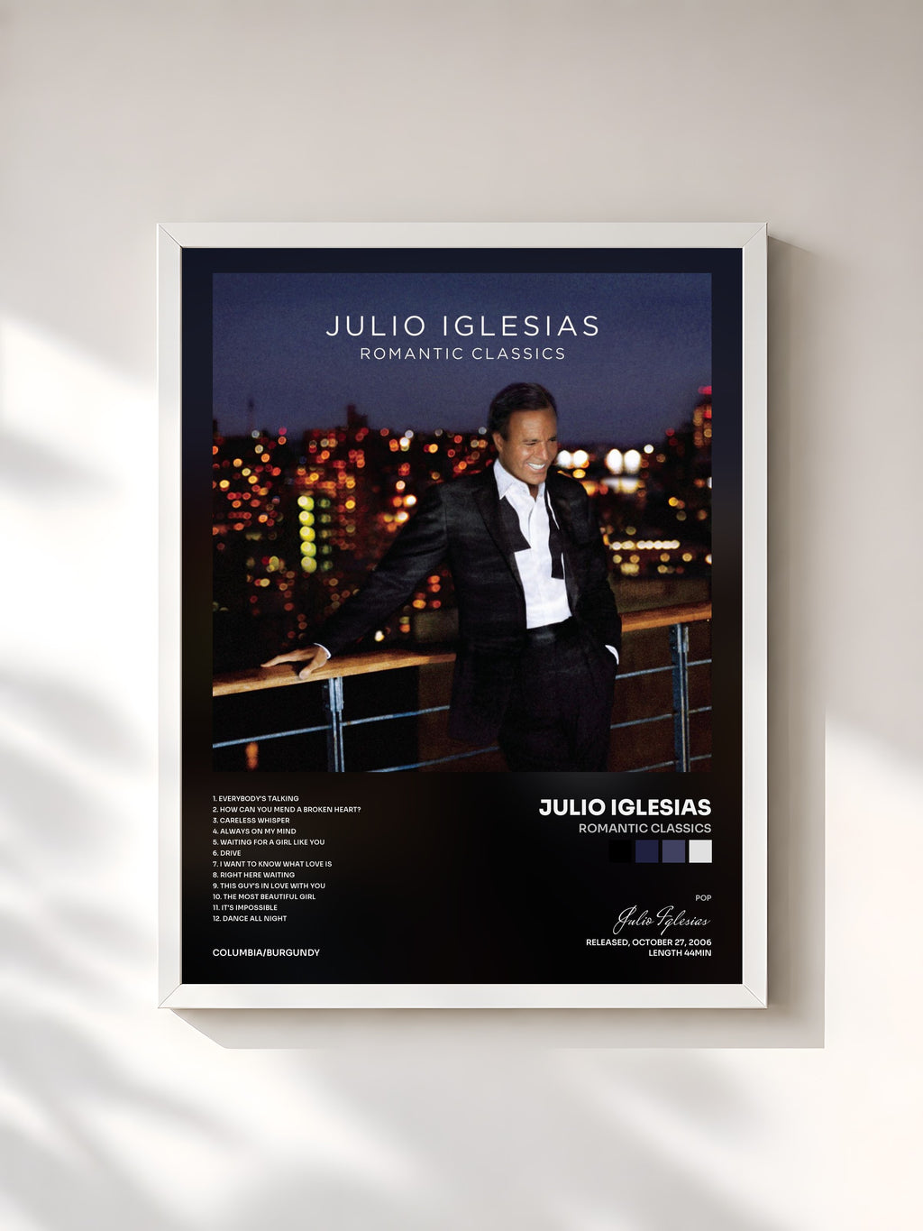 #blanc Tableau de l'album Romantic Classics de Julio Iglesias, cadre blanc, imprimé et encadré en France
