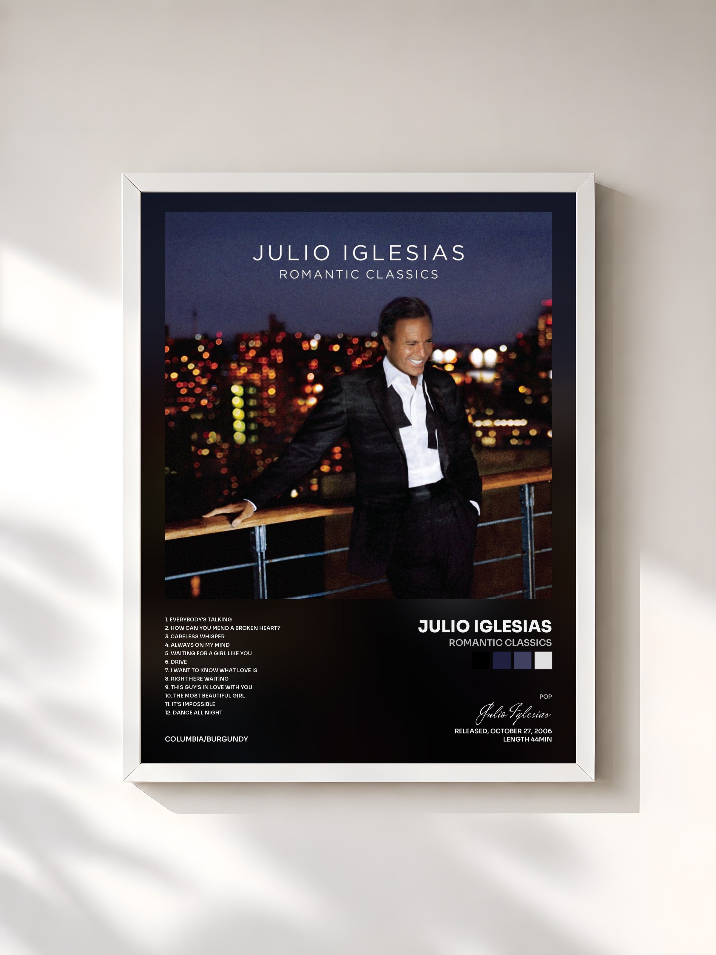 #blanc Tableau de l'album Romantic Classics de Julio Iglesias, cadre blanc, imprimé et encadré en France