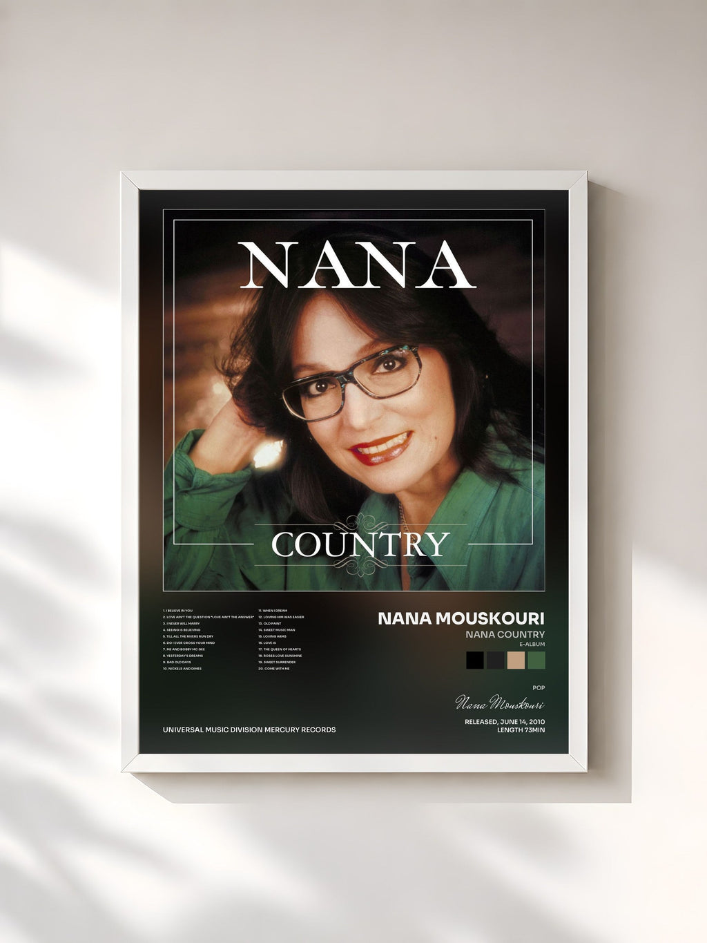 #blanc Nana Country (e-album) by Nana Mouskouri as a framed art print, white frame, printed and framed in France
