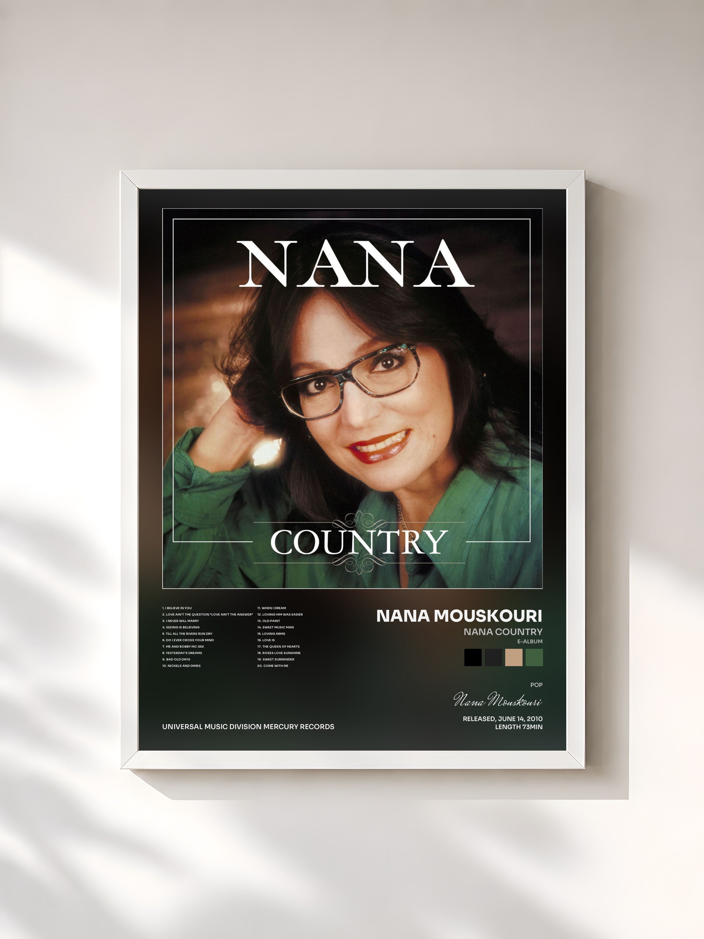 #blanc Tableau de l'album Nana Country (e-album) de Nana Mouskouri, cadre blanc, imprimé et encadré en France