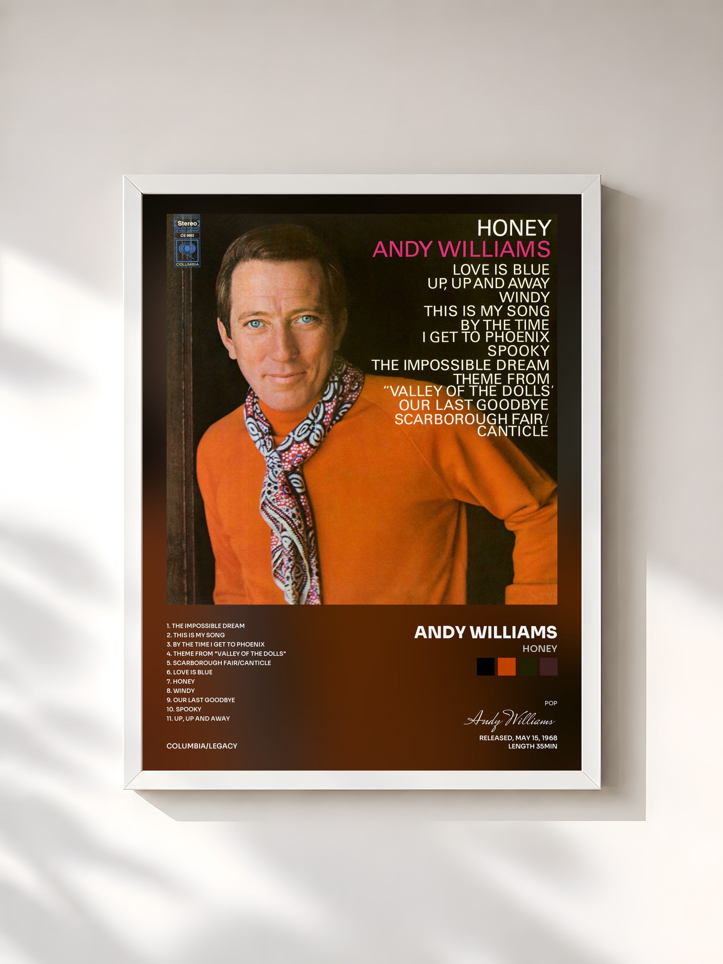 #blanc Tableau de l'album Honey de Andy Williams, cadre blanc, imprimé et encadré en France