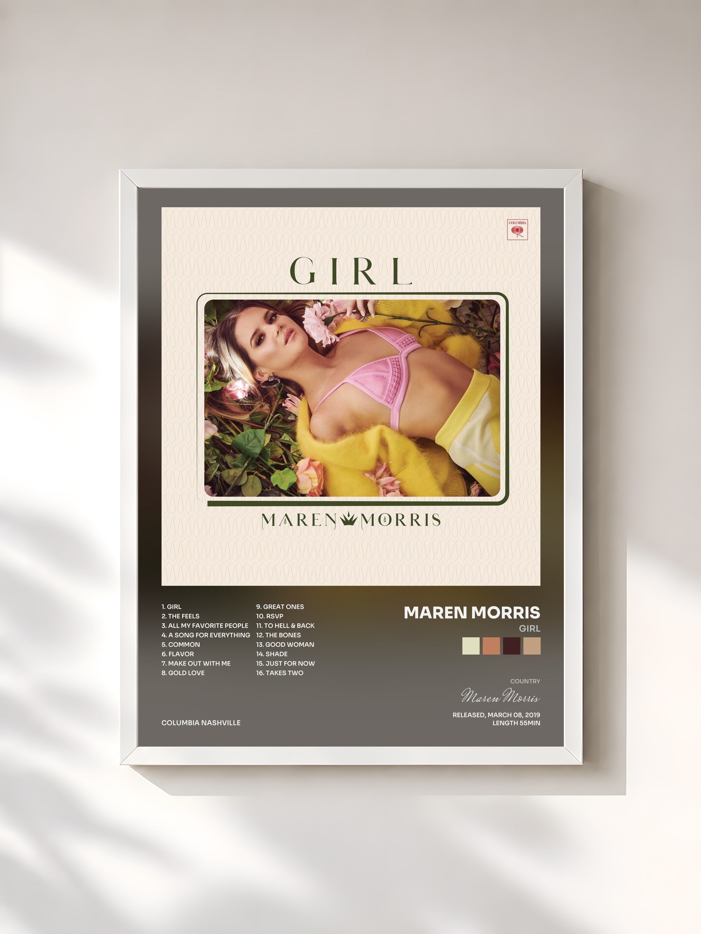 #blanc Tableau de l'album GIRL de Maren Morris, cadre blanc, imprimé et encadré en France