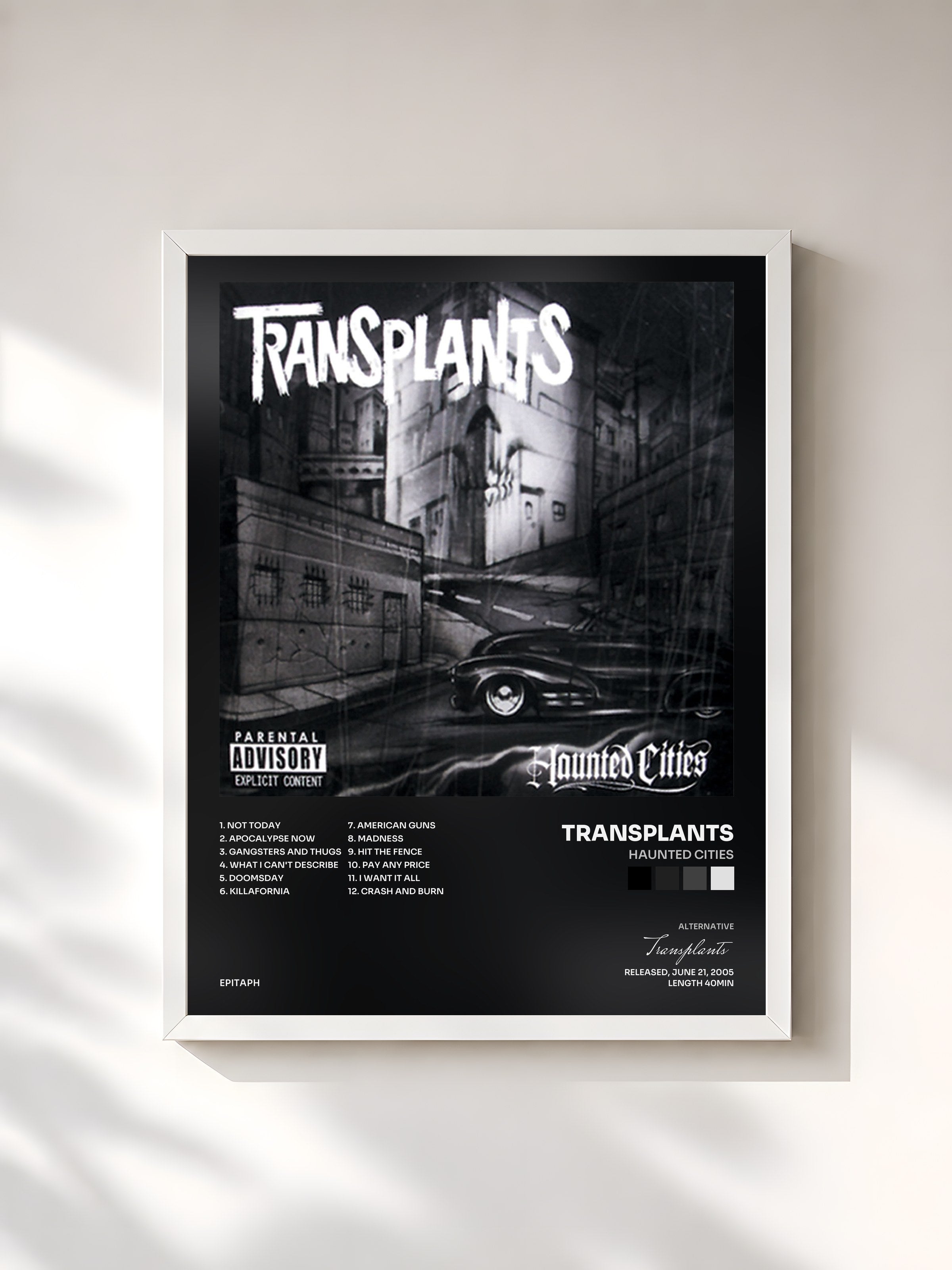 #blanc Tableau de l'album Haunted Cities de Transplants, cadre blanc, imprimé et encadré en France