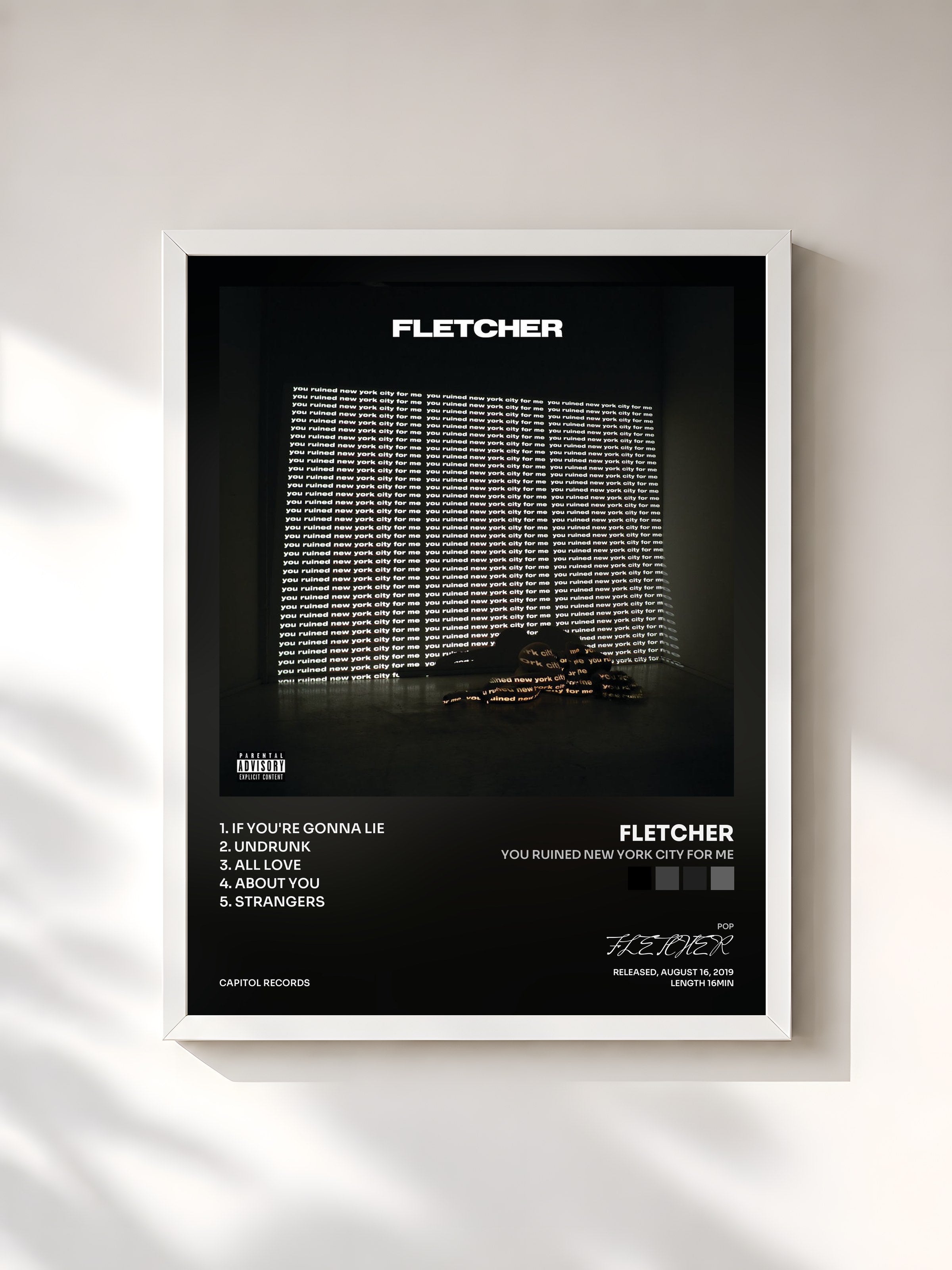 #blanc Tableau de l'album you ruined new york city for me de FLETCHER, cadre blanc, imprimé et encadré en France