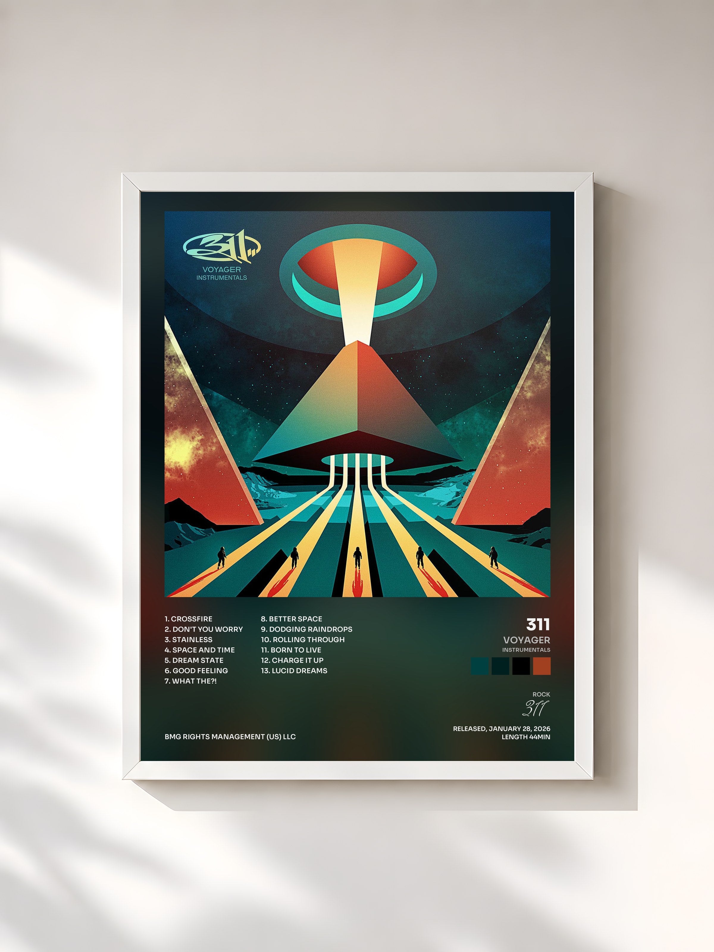#blanc Tableau de l'album Voyager (Instrumentals) de 311, cadre blanc, imprimé et encadré en France