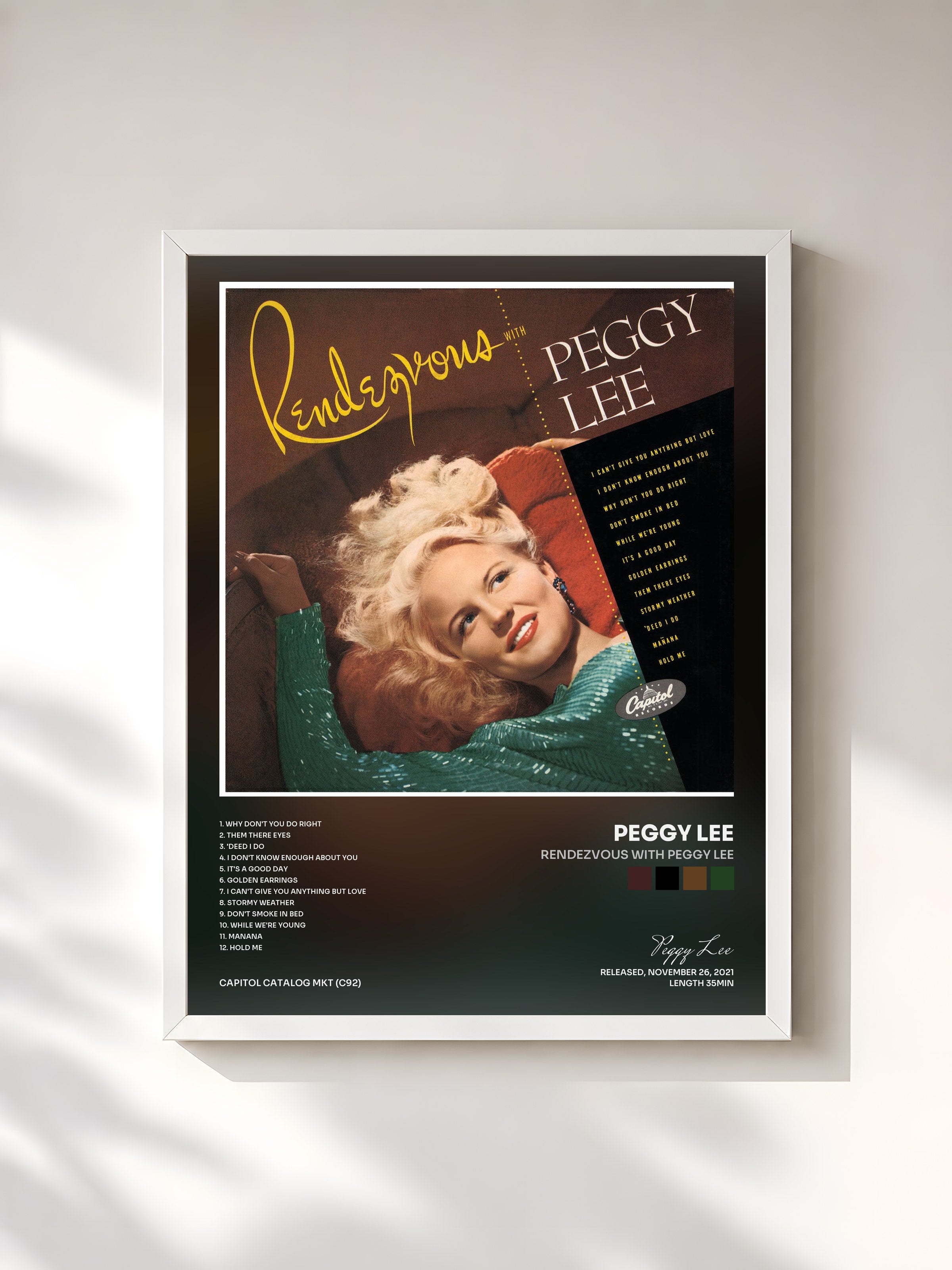 #blanc Tableau de l'album Rendezvous With Peggy Lee de Peggy Lee, cadre blanc, imprimé et encadré en France