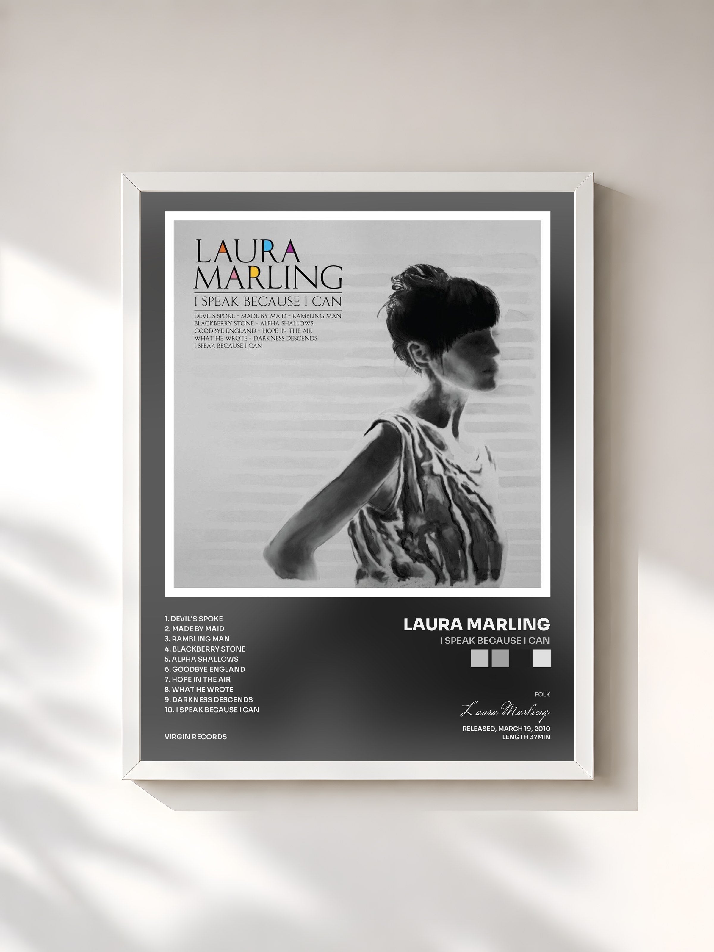 #blanc Tableau de l'album I Speak Because I Can de Laura Marling, cadre blanc, imprimé et encadré en France