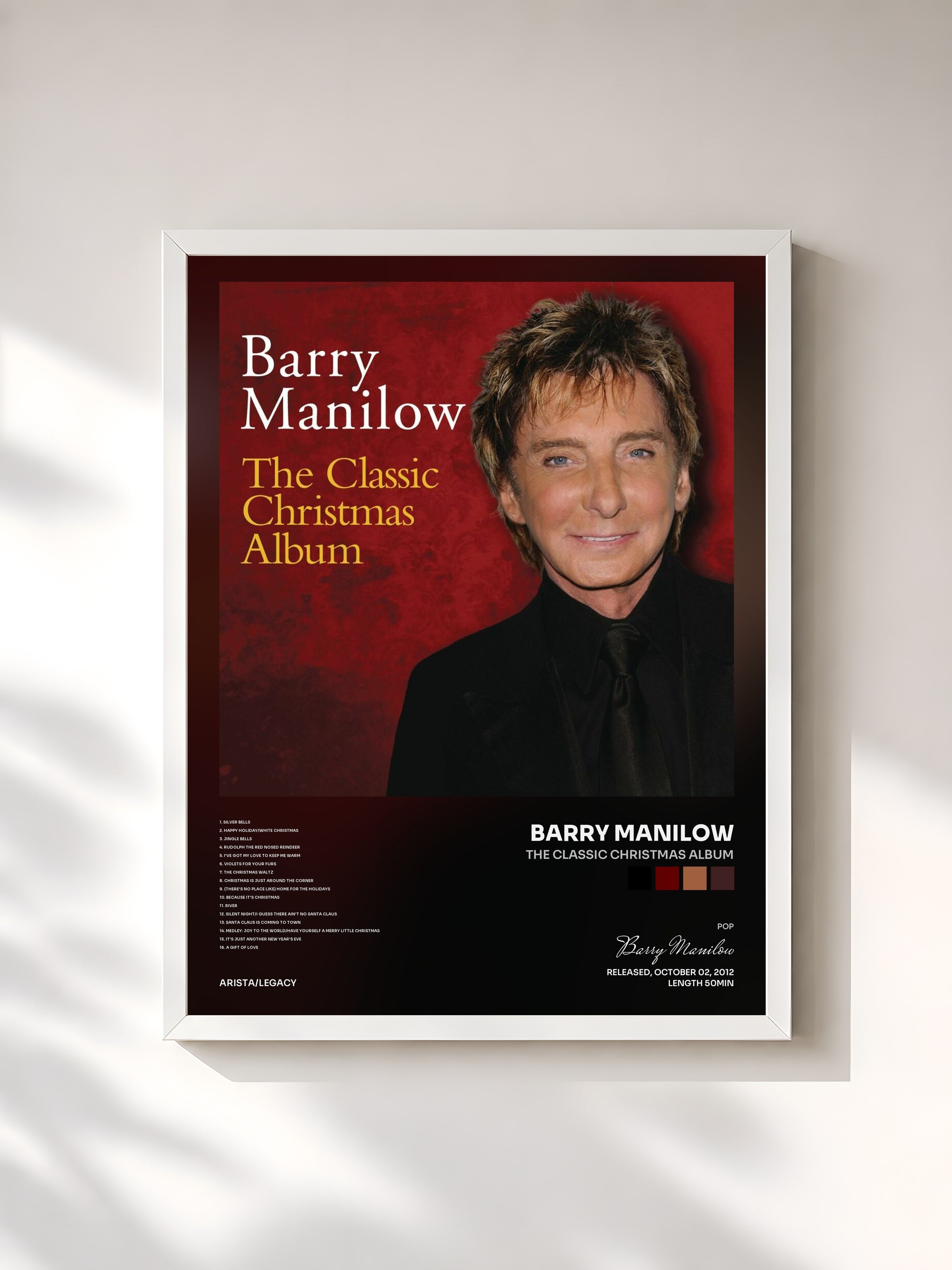 #blanc Tableau de l'album The Classic Christmas Album de Barry Manilow, cadre blanc, imprimé et encadré en France