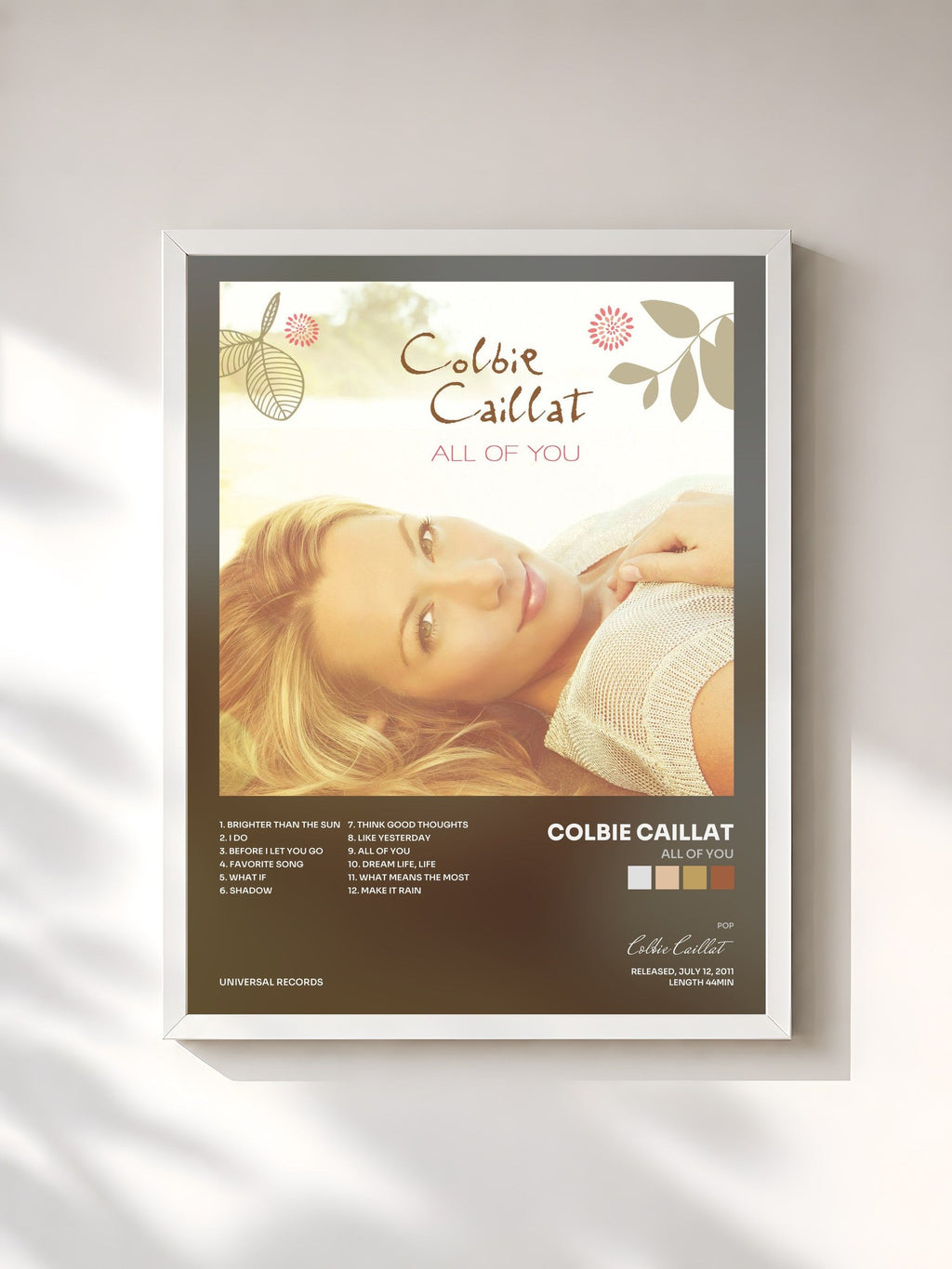 #blanc Tableau de l'album All Of You de Colbie Caillat, cadre blanc, imprimé et encadré en France