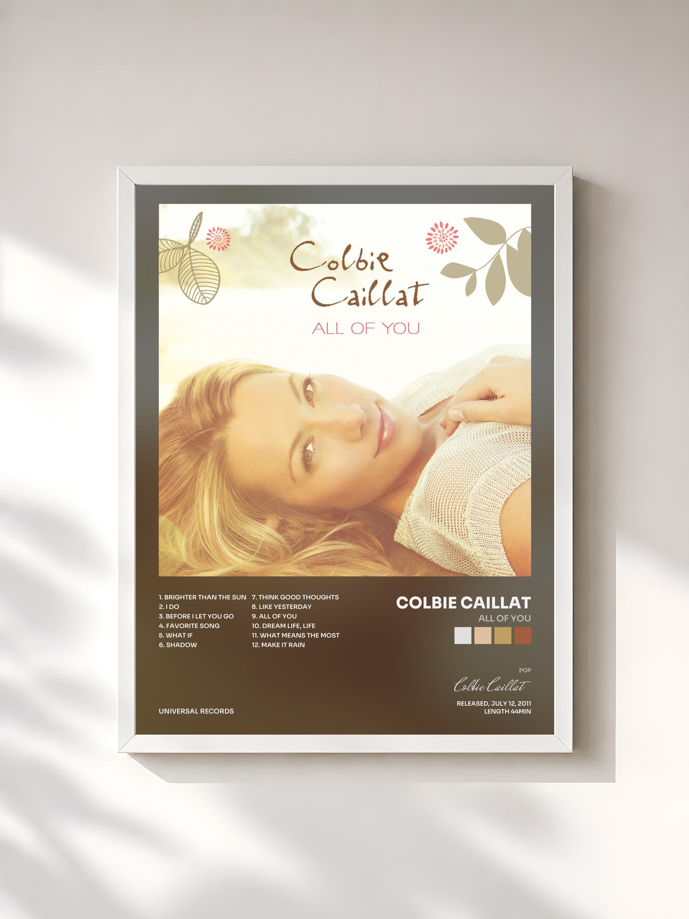 #blanc Tableau de l'album All Of You de Colbie Caillat, cadre blanc, imprimé et encadré en France