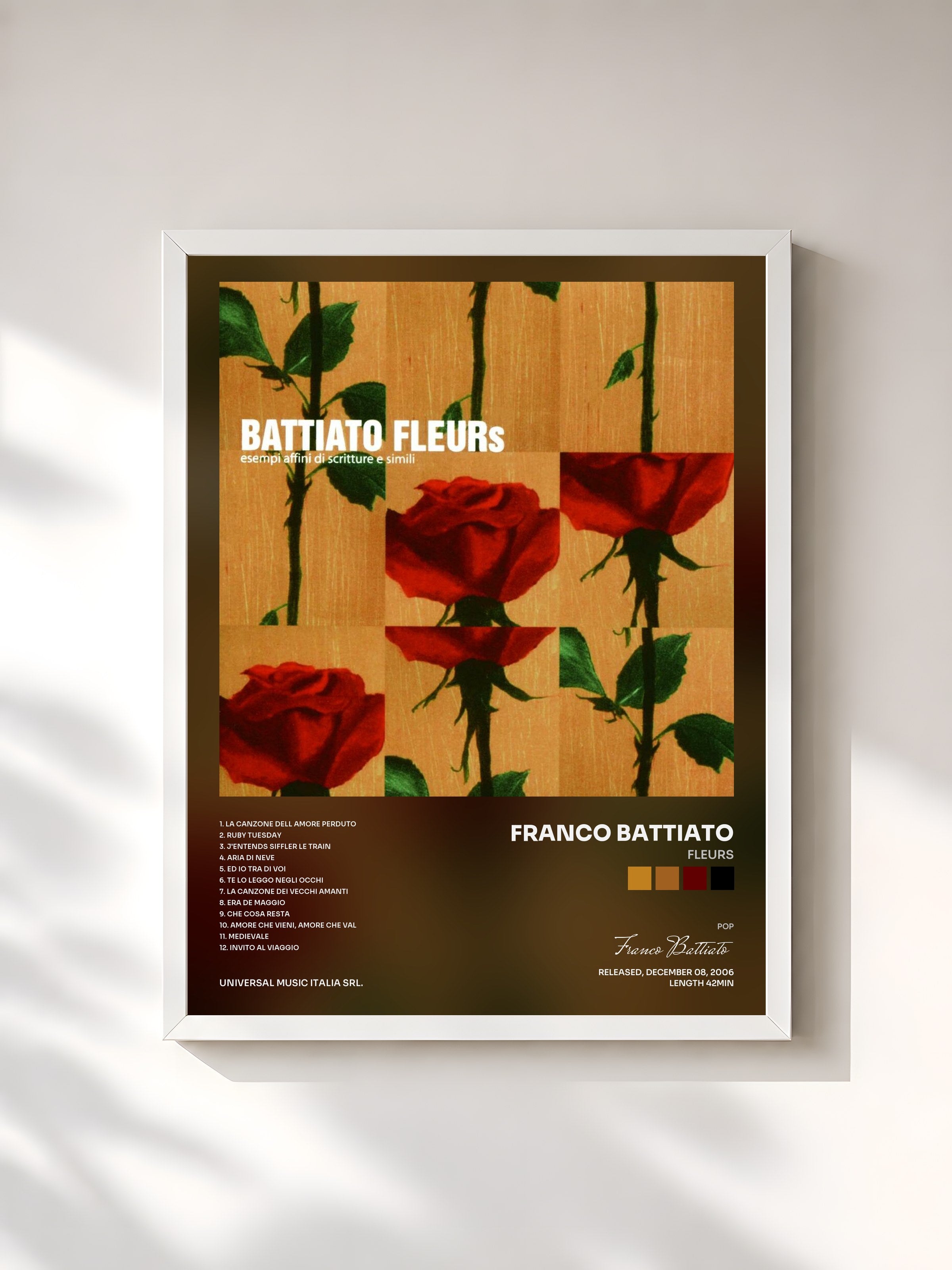 #blanc Tableau de l'album Fleurs de Franco Battiato, cadre blanc, imprimé et encadré en France