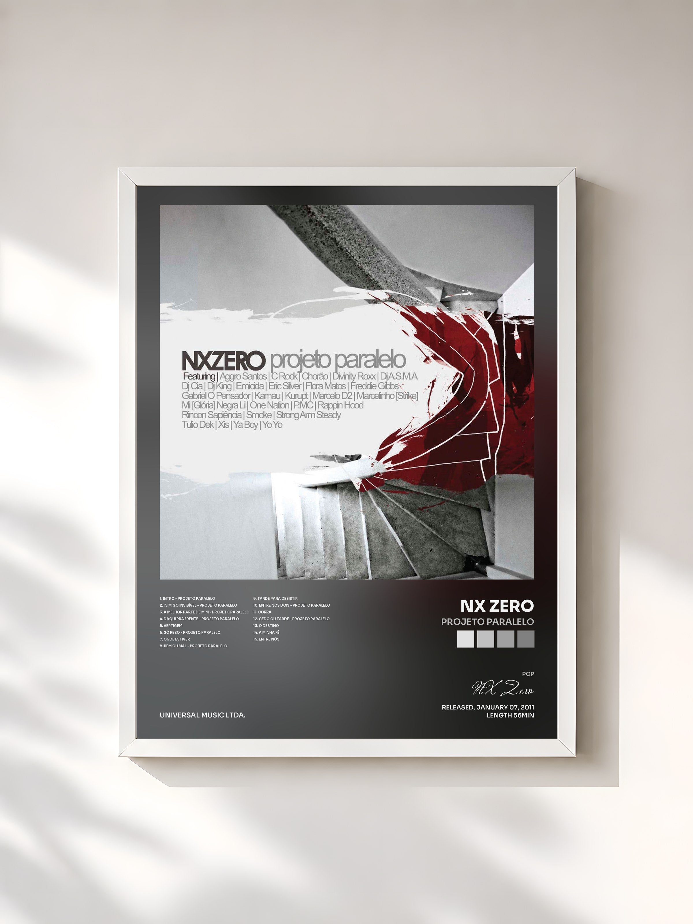 #blanc Tableau de l'album Projeto Paralelo de NX Zero, cadre blanc, imprimé et encadré en France