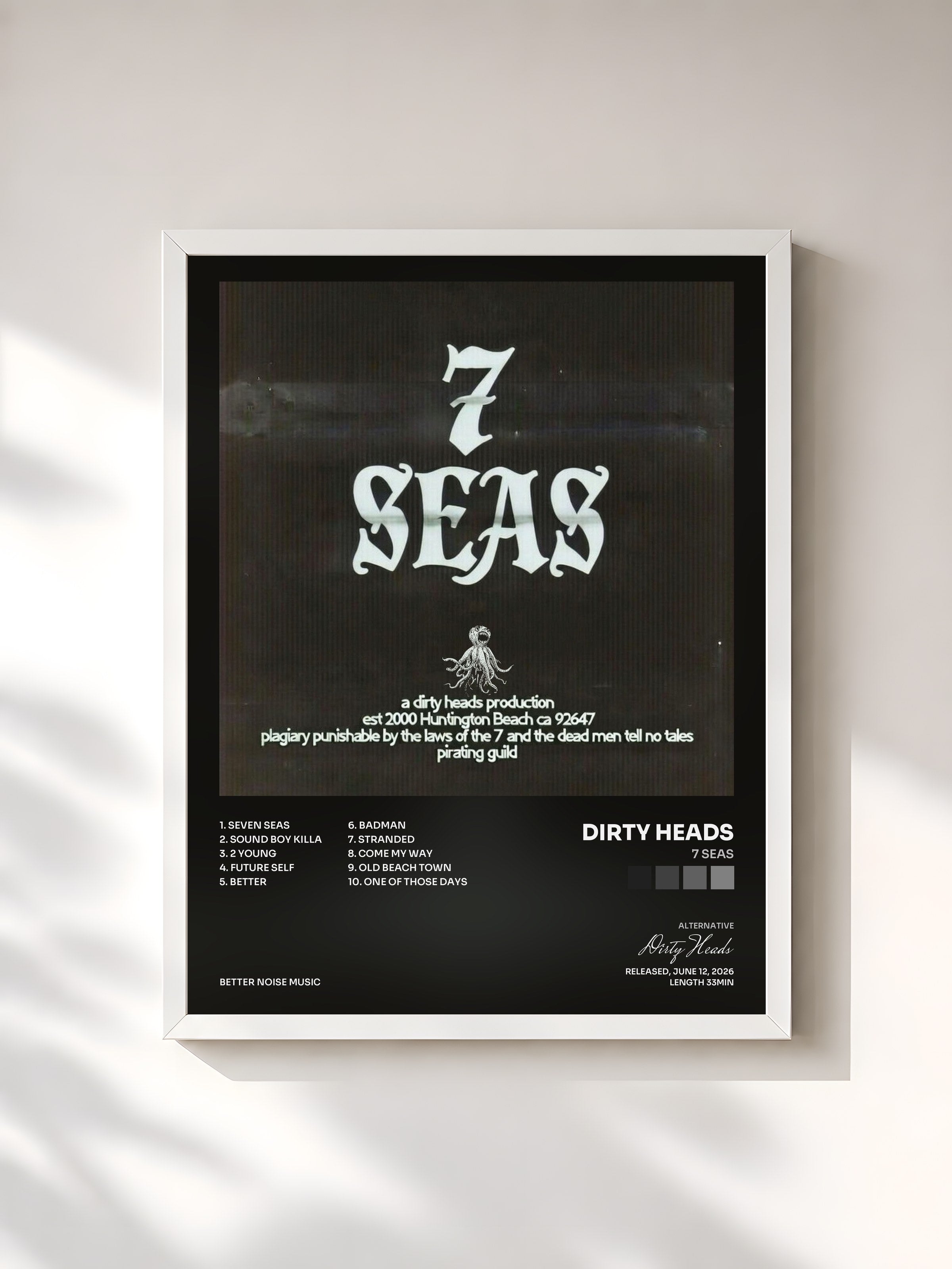 #blanc Tableau de l'album 7 Seas de Dirty Heads, cadre blanc, imprimé et encadré en France