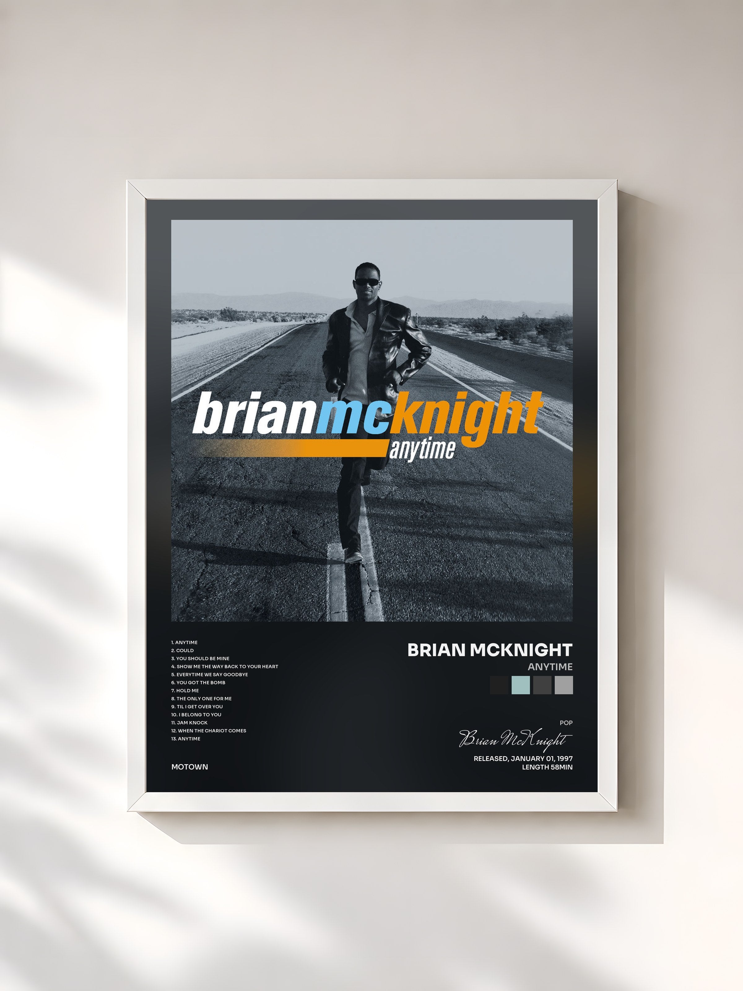 #blanc Tableau de l'album Anytime de Brian McKnight, cadre blanc, imprimé et encadré en France