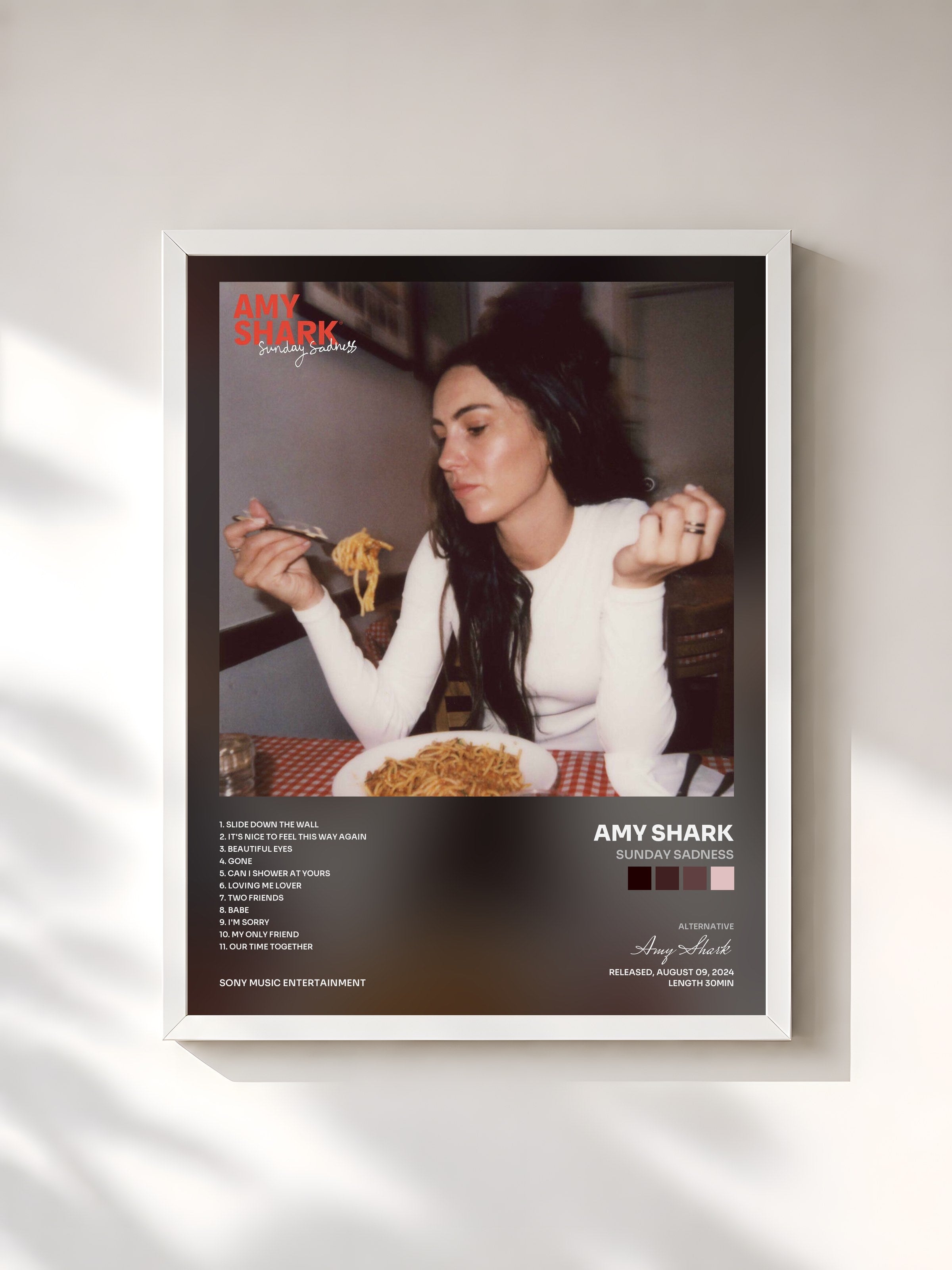 #blanc Tableau de l'album Sunday Sadness de Amy Shark, cadre blanc, imprimé et encadré en France