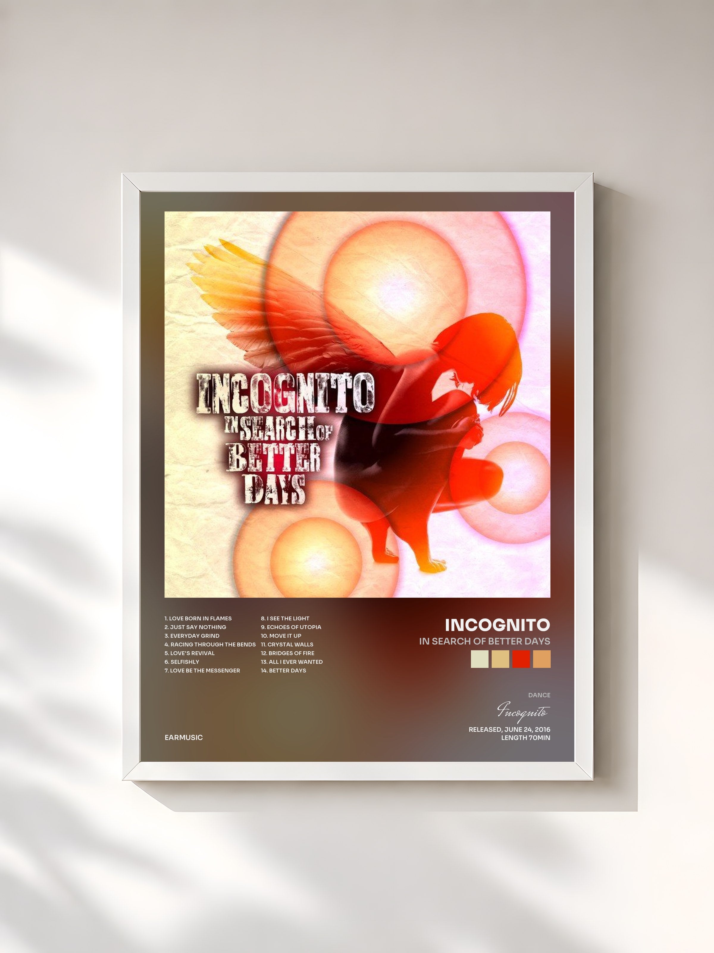 #blanc Tableau de l'album In Search of Better Days de Incognito, cadre blanc, imprimé et encadré en France