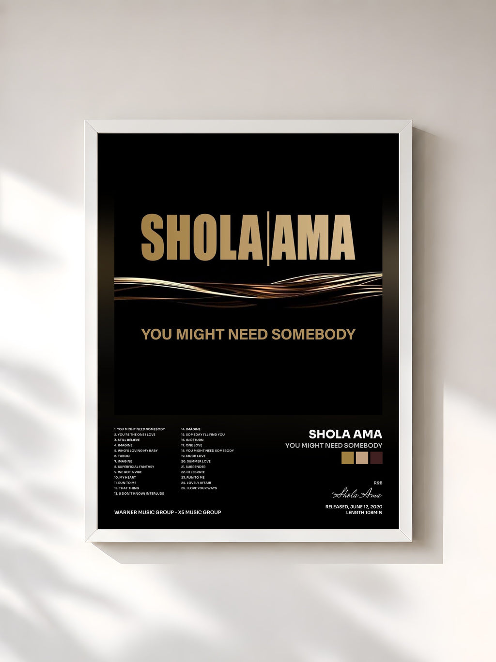 #blanc You Might Need Somebody by Shola Ama as a framed art print, white frame, printed and framed in France