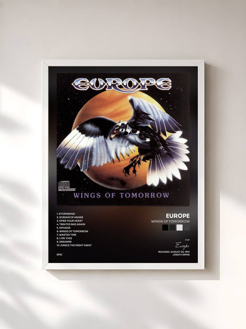 #blanc Tableau de l'album Wings Of Tomorrow de Europe, cadre blanc, imprimé et encadré en France