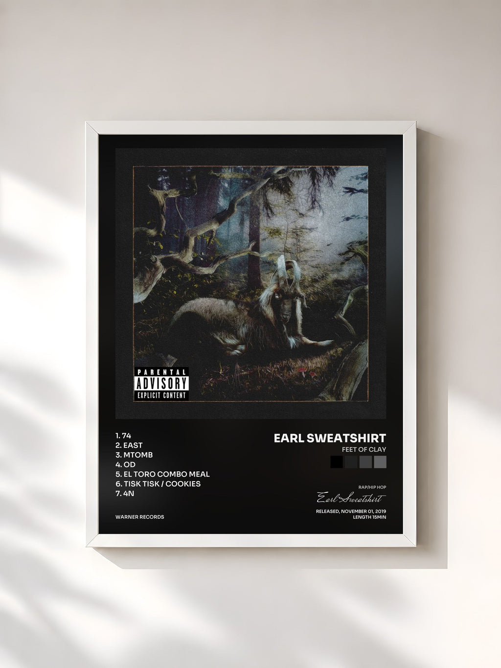 #blanc Tableau de l'album FEET OF CLAY de Earl Sweatshirt, cadre blanc, imprimé et encadré en France