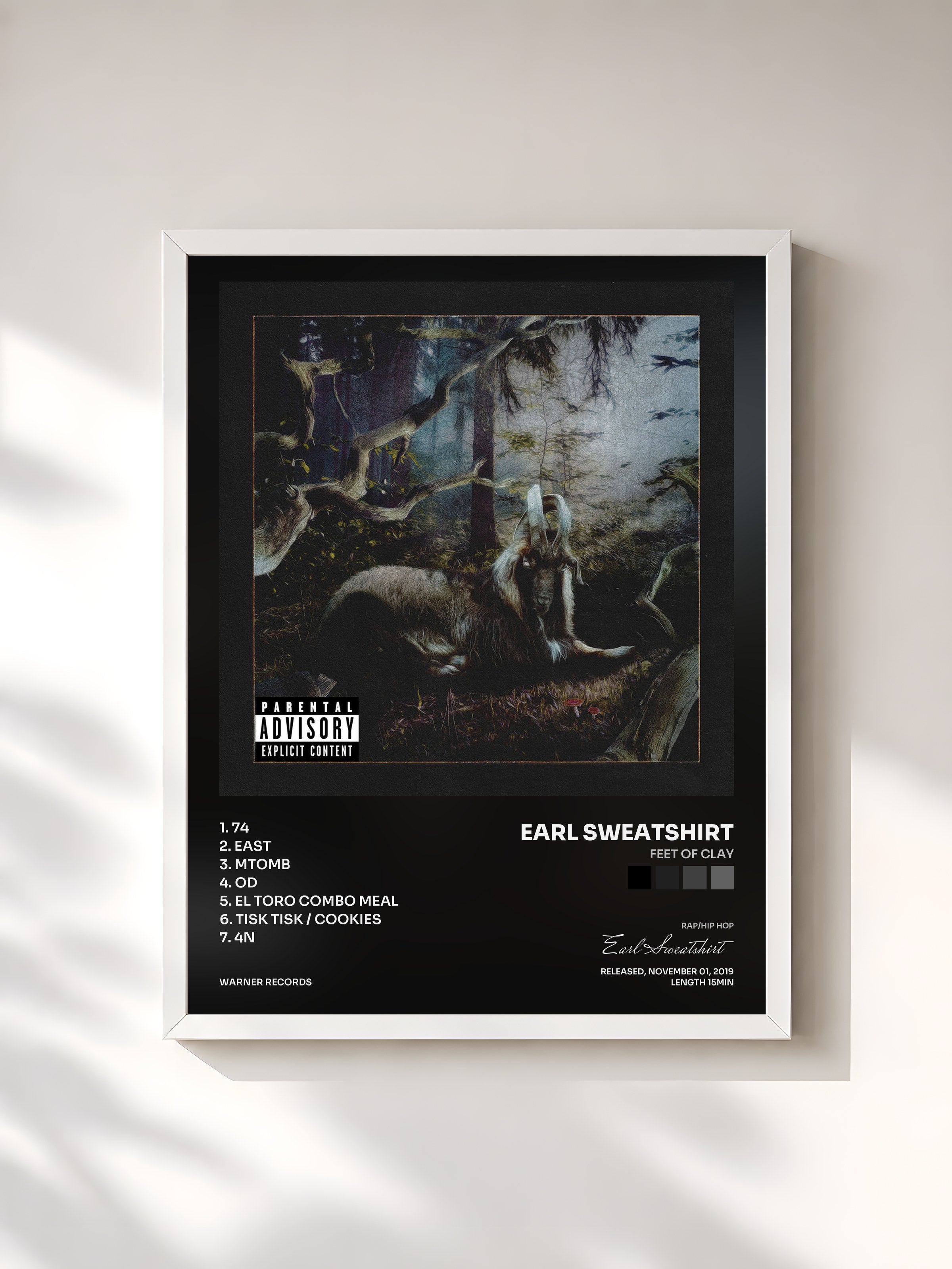 #blanc Tableau de l'album FEET OF CLAY de Earl Sweatshirt, cadre blanc, imprimé et encadré en France