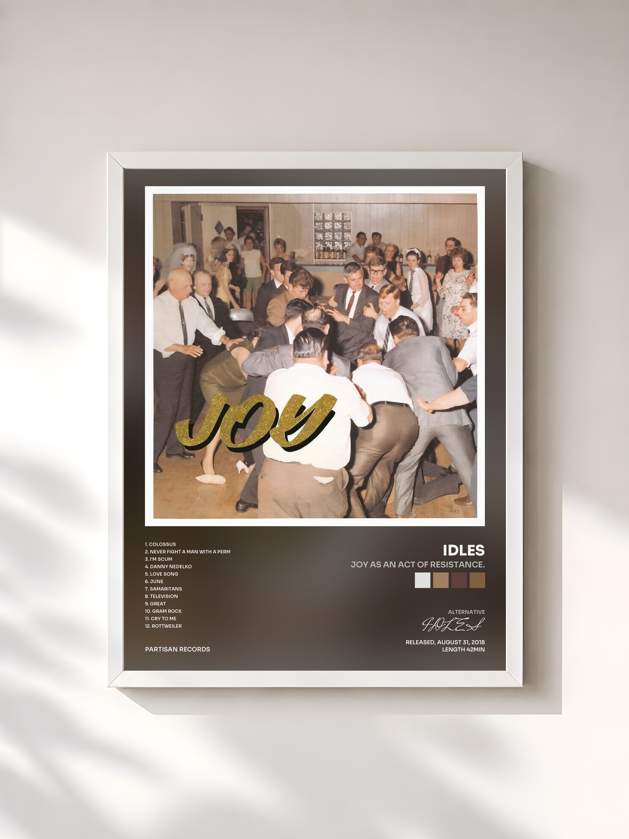 #blanc Tableau de l'album Joy as an Act of Resistance. de IDLES, cadre blanc, imprimé et encadré en France
