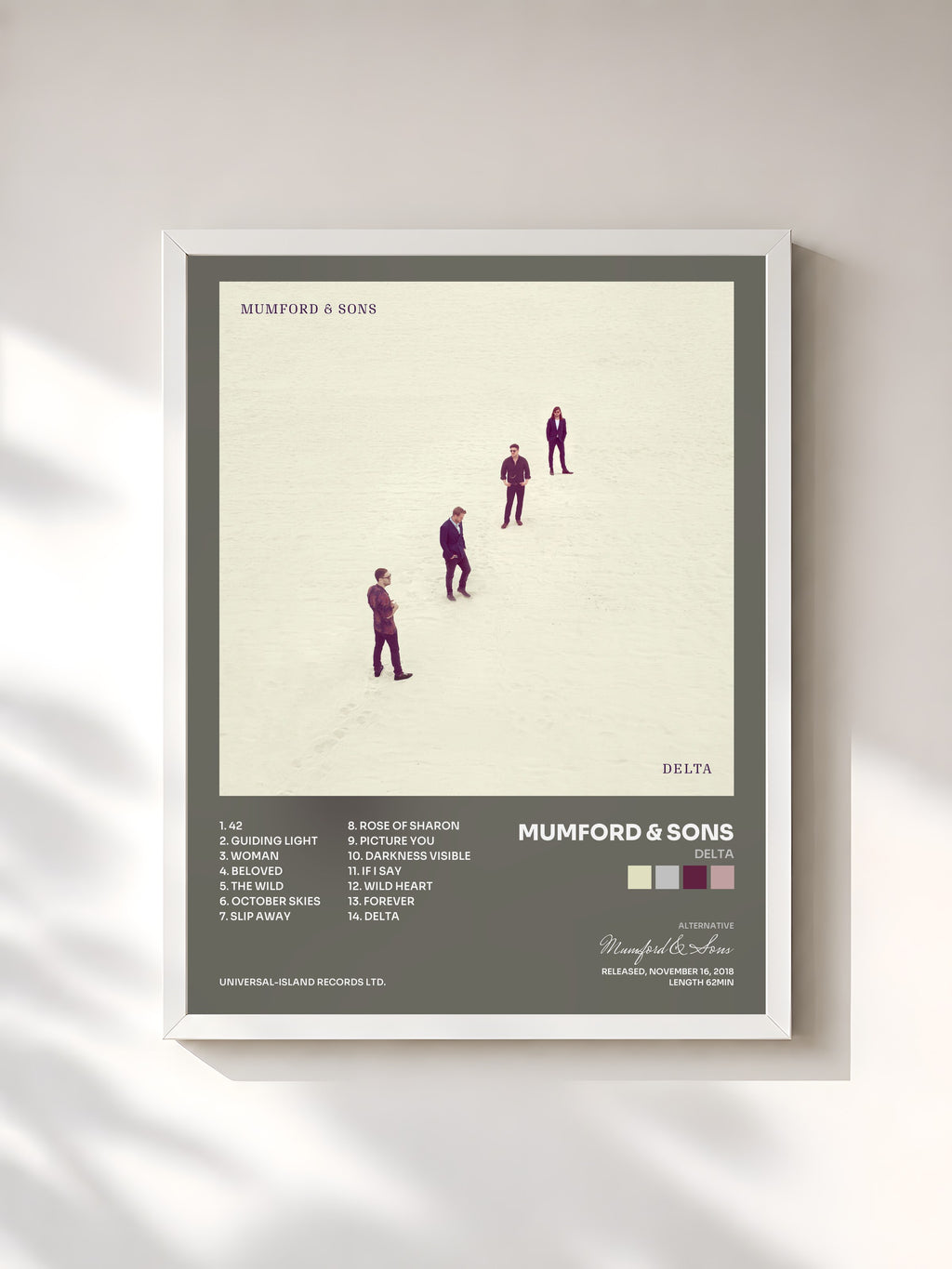 #blanc Tableau de l'album Delta de Mumford & Sons, cadre blanc, imprimé et encadré en France