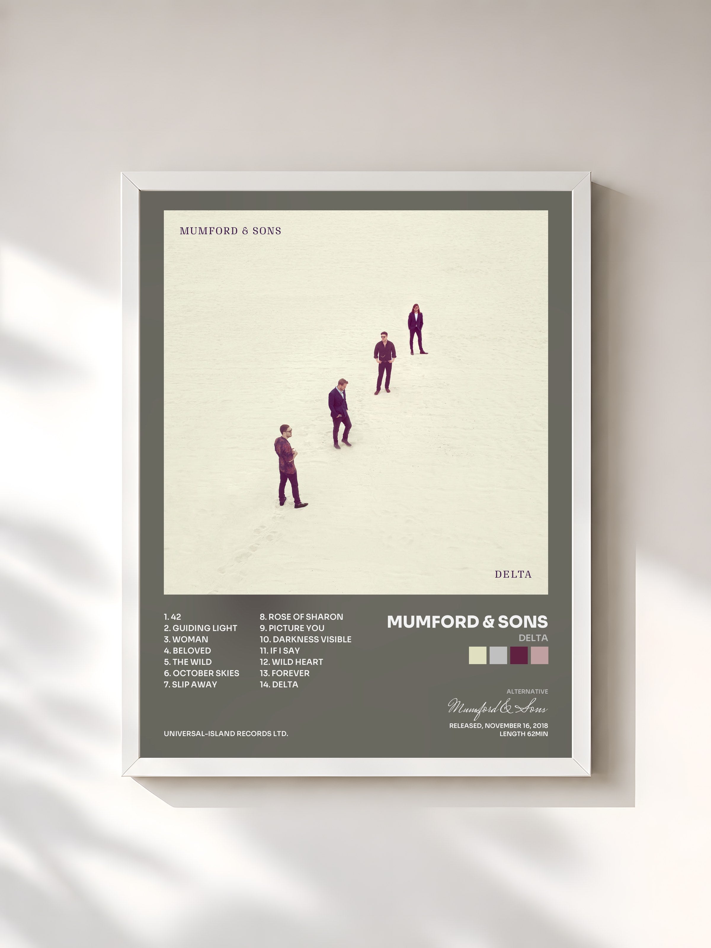 #blanc Tableau de l'album Delta de Mumford & Sons, cadre blanc, imprimé et encadré en France