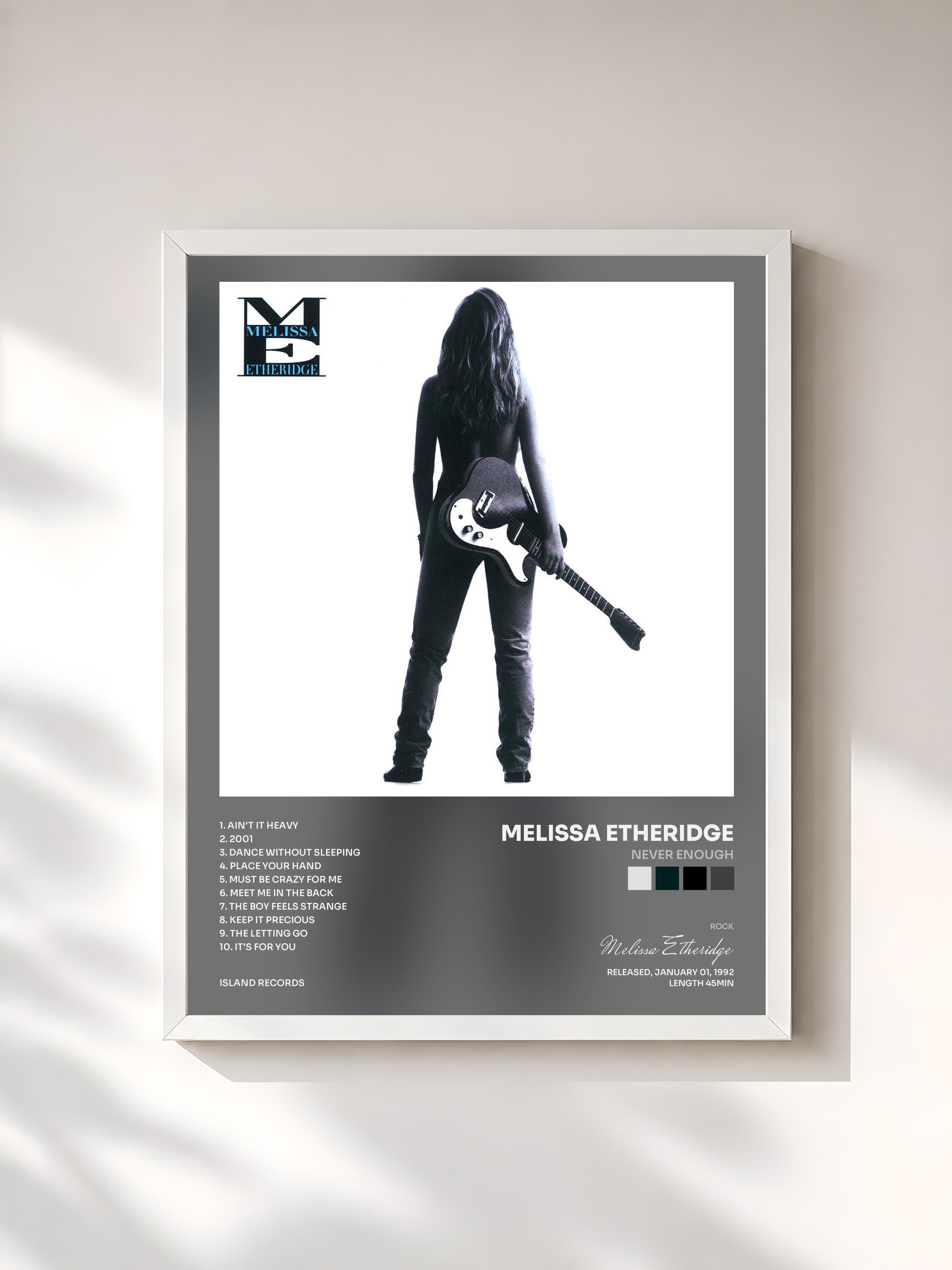#blanc Tableau de l'album Never Enough de Melissa Etheridge, cadre blanc, imprimé et encadré en France