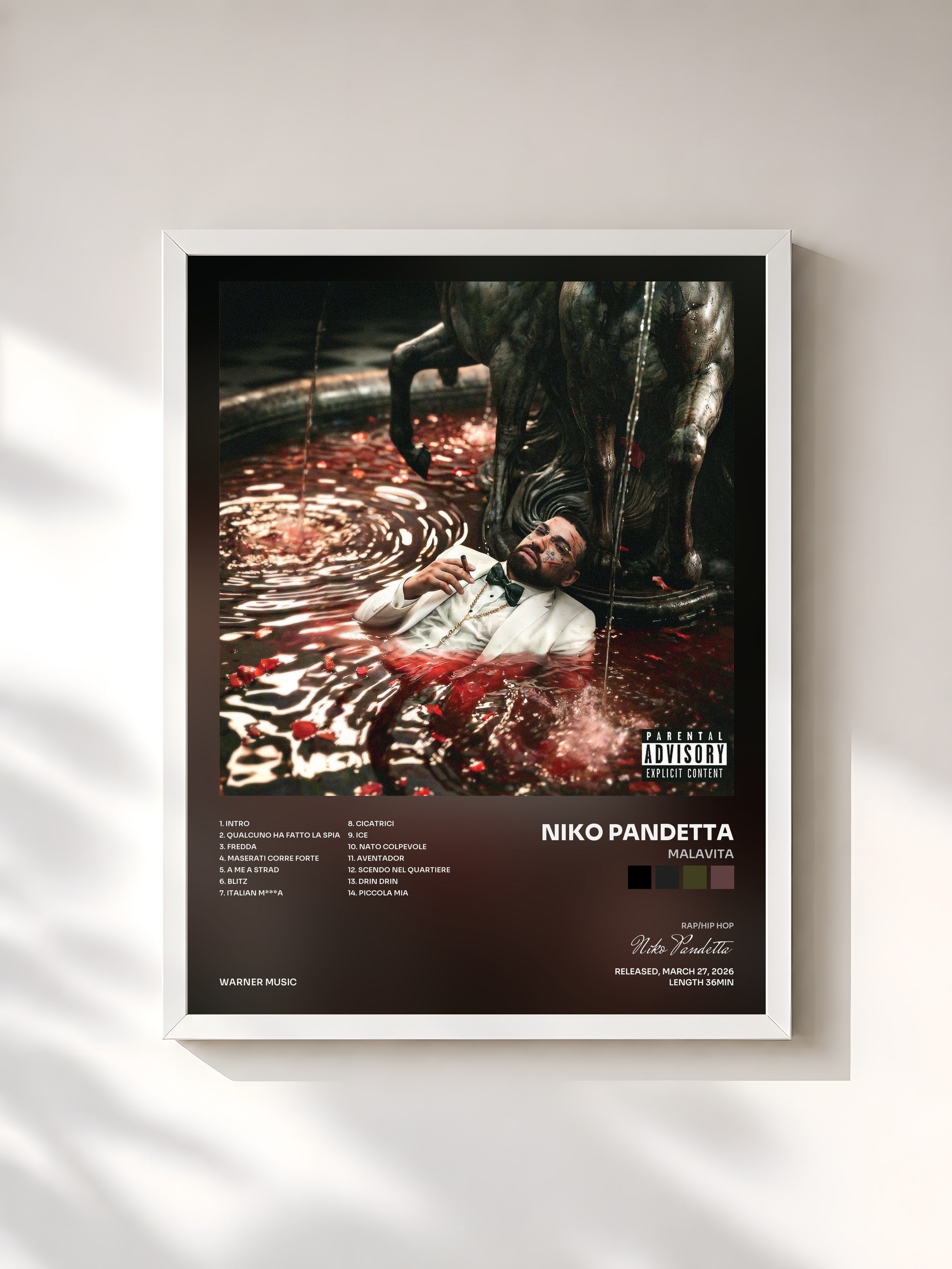#blanc Tableau de l'album MALAVITA de Niko Pandetta, cadre blanc, imprimé et encadré en France
