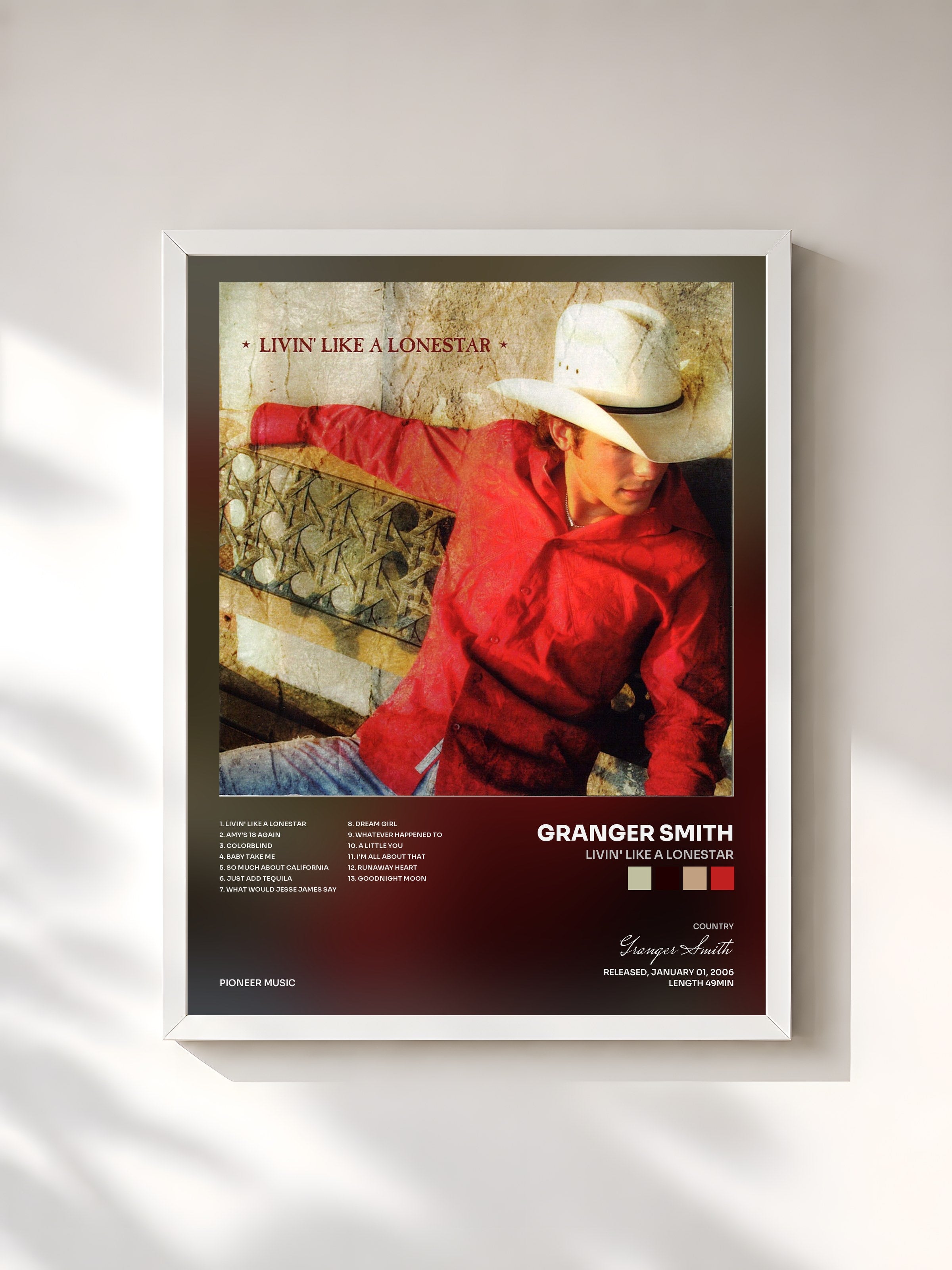 #blanc Tableau de l'album Livin' Like a Lonestar de Granger Smith, cadre blanc, imprimé et encadré en France