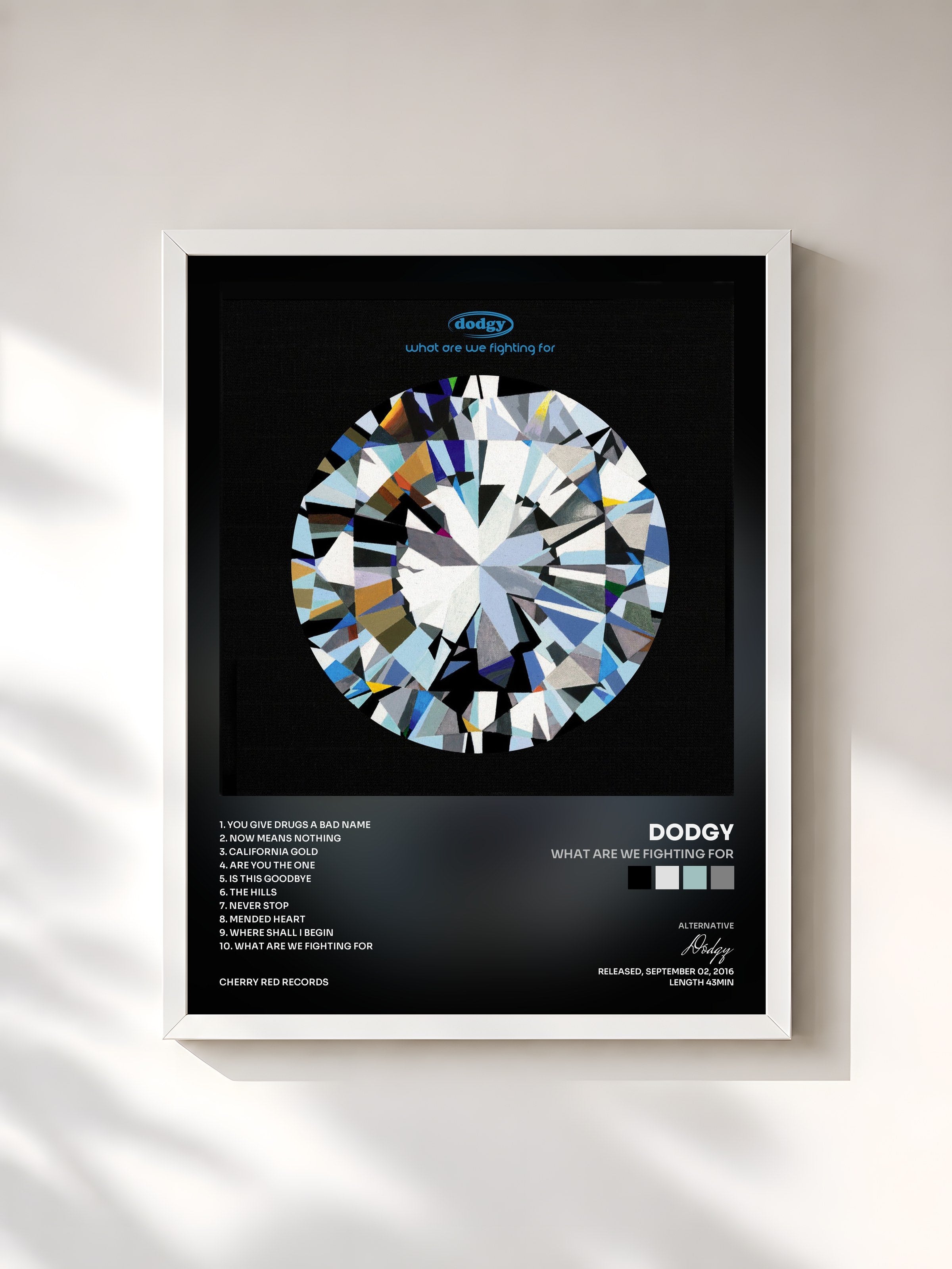 #blanc Tableau de l'album What Are We Fighting For de Dodgy, cadre blanc, imprimé et encadré en France