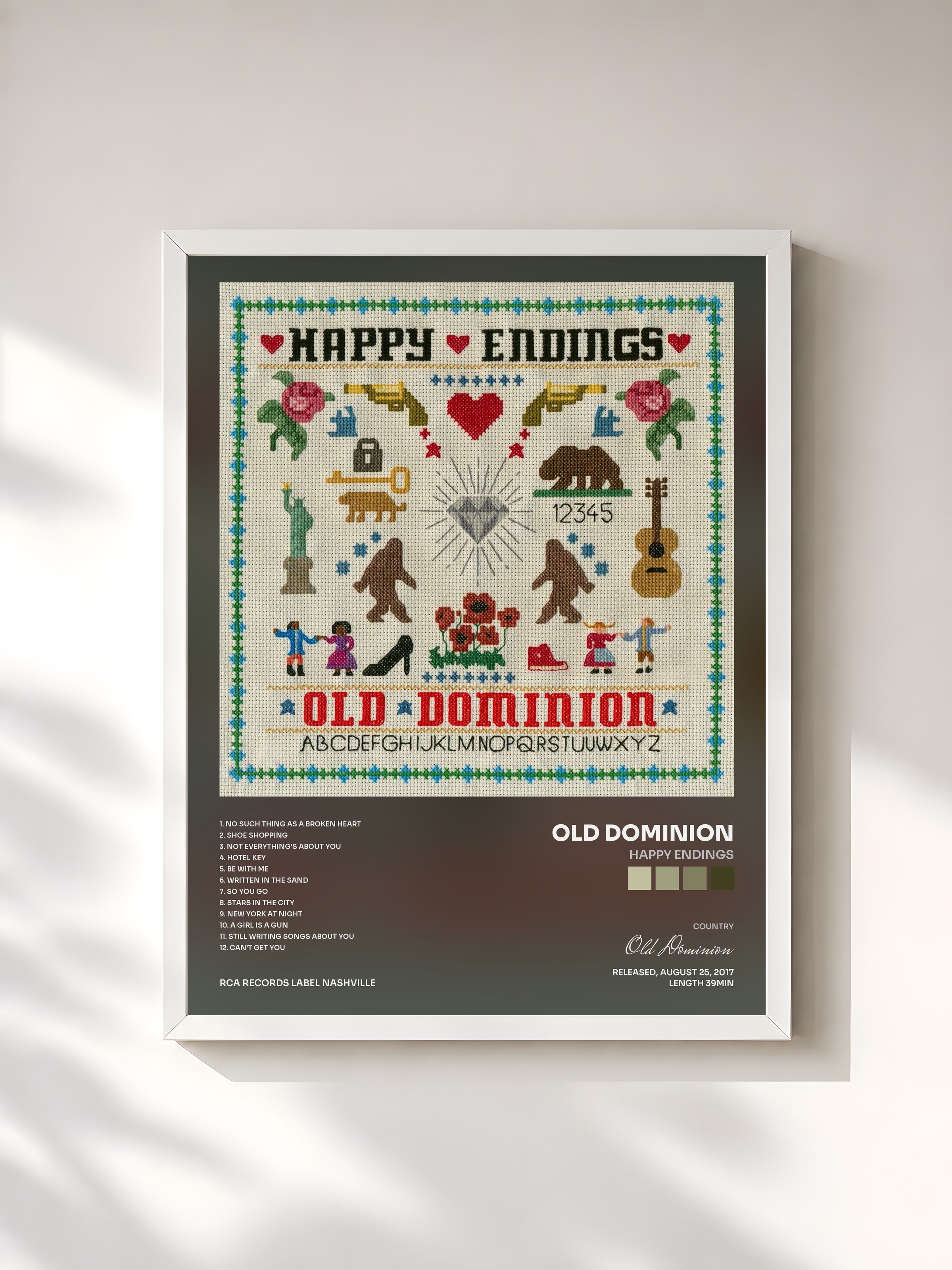 #blanc Tableau de l'album Happy Endings de Old Dominion, cadre blanc, imprimé et encadré en France