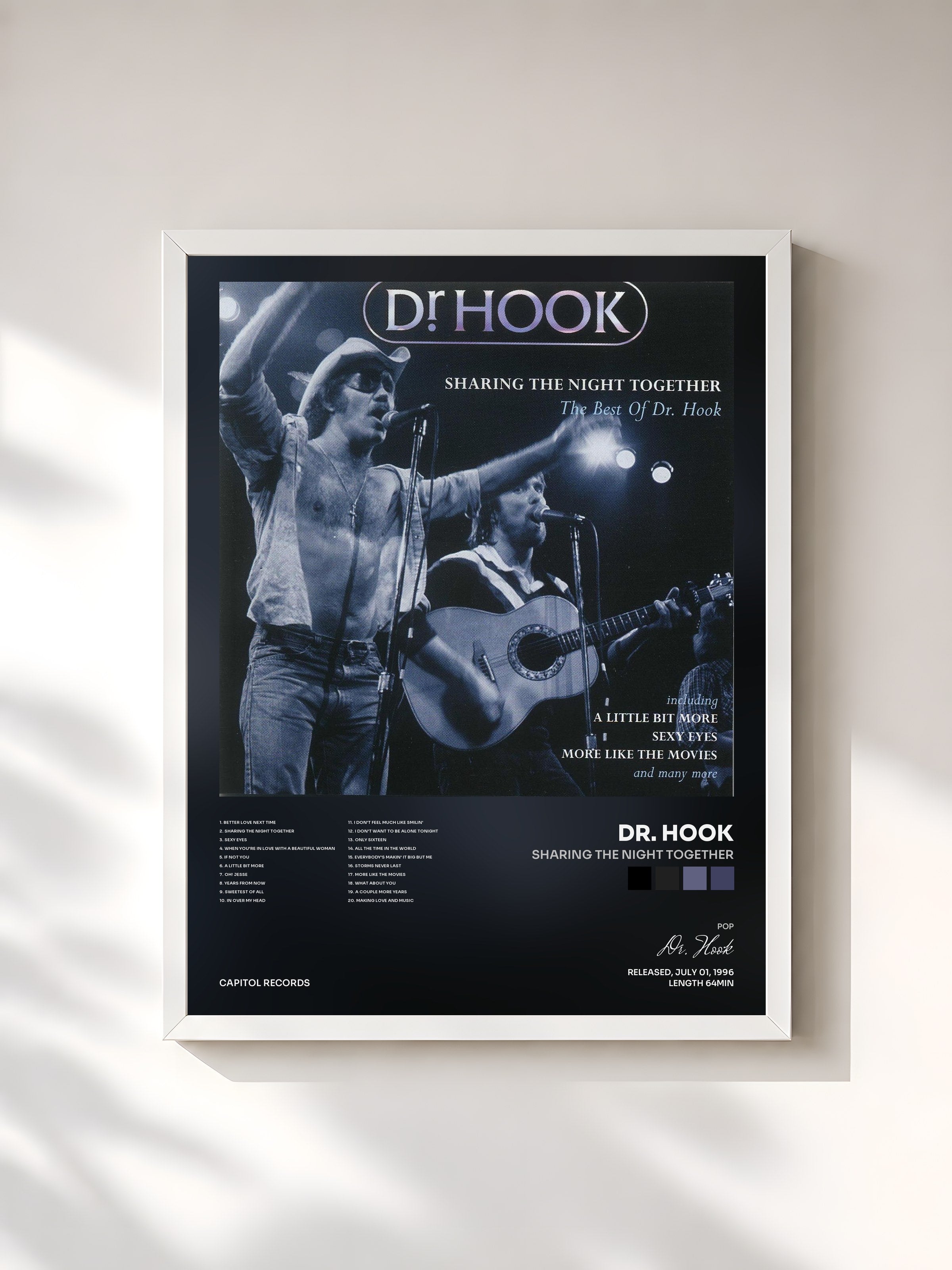 #blanc Tableau de l'album Sharing The Night Together de Dr. Hook, cadre blanc, imprimé et encadré en France