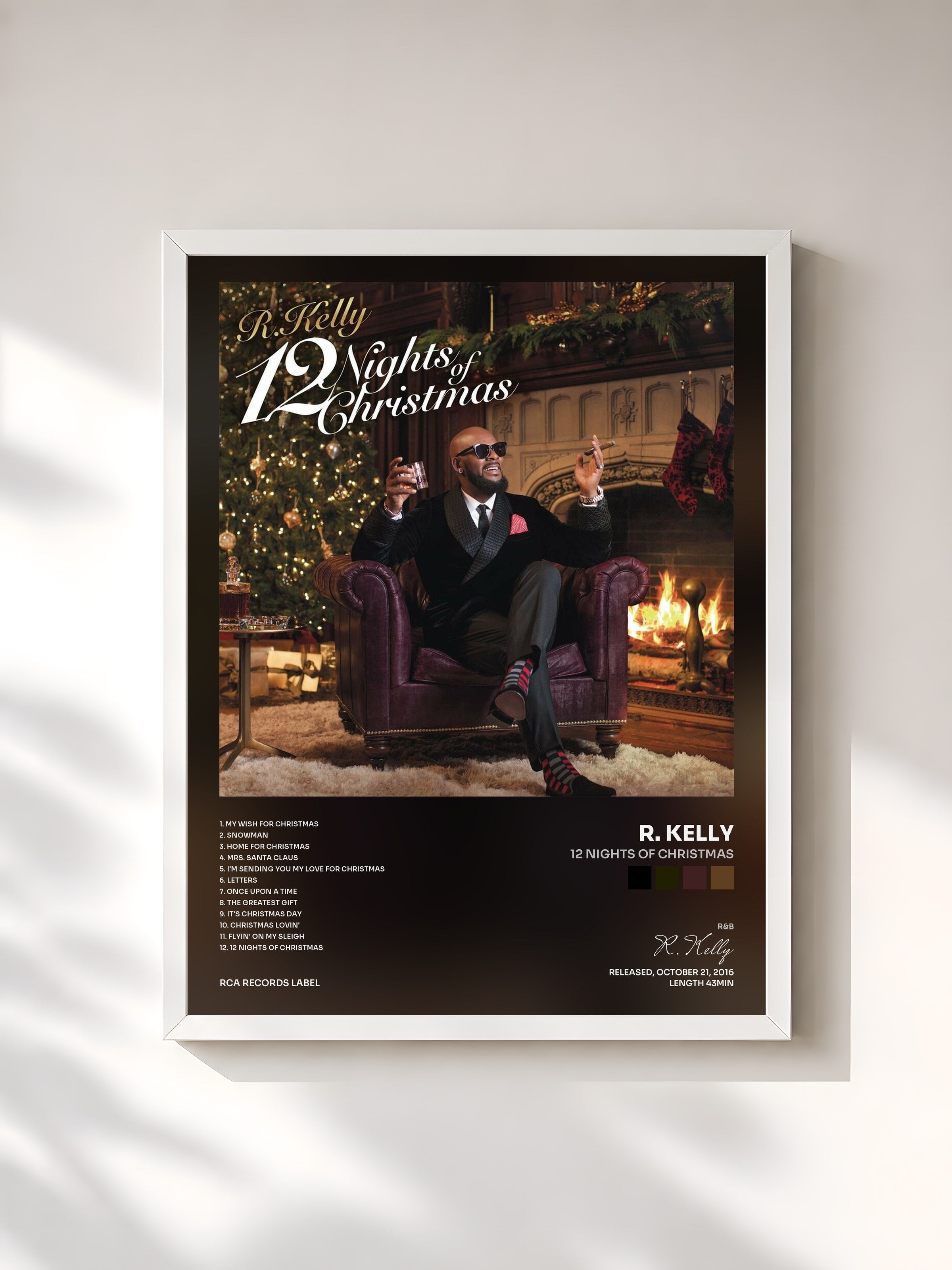 #blanc Tableau de l'album 12 Nights Of Christmas de R. Kelly, cadre blanc, imprimé et encadré en France
